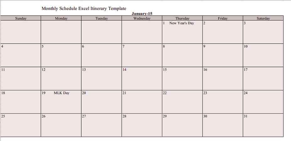 Templates Monthly Schedule Excel Itinerary Example