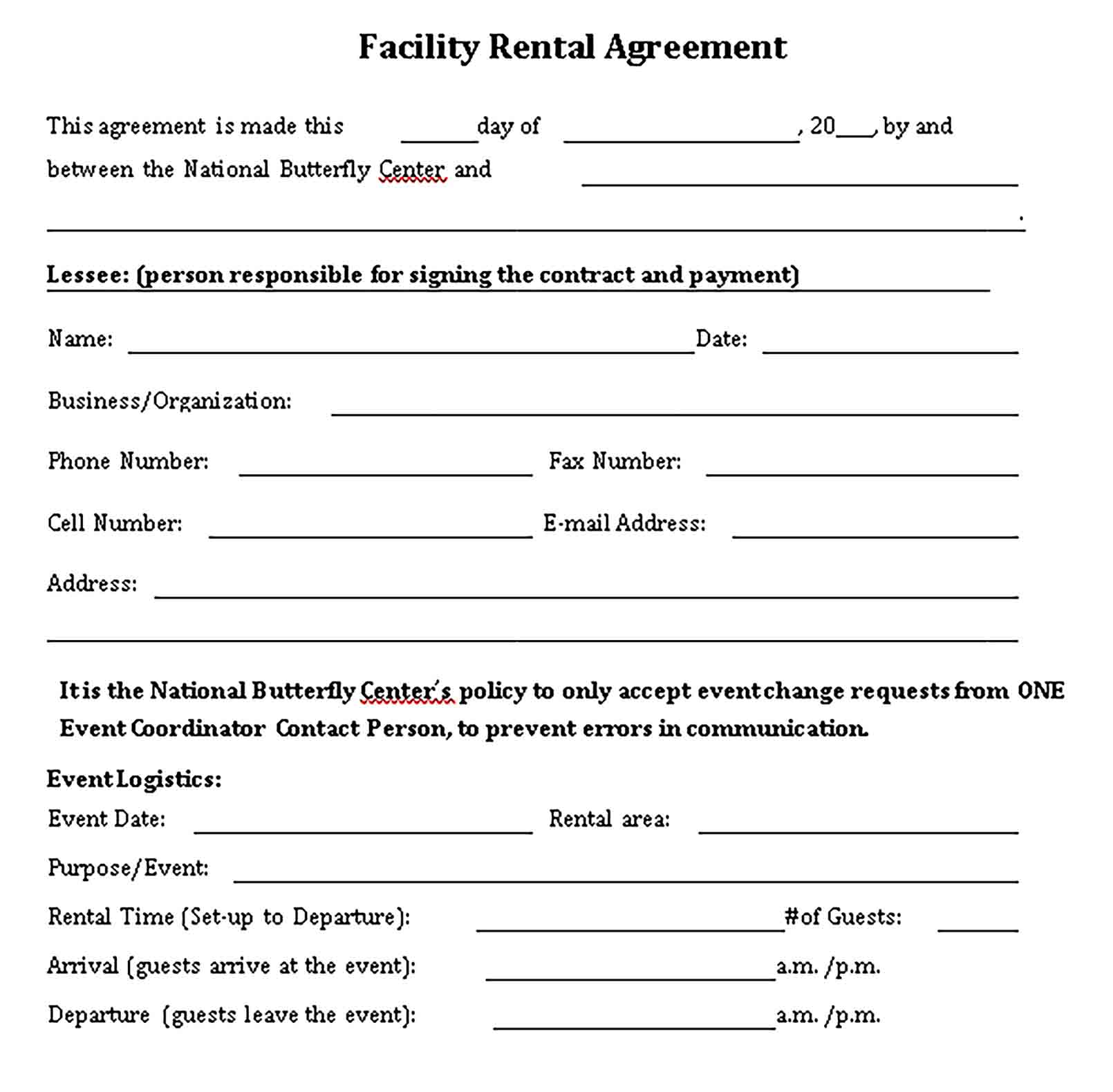 Templates National Butterfly Center Facility Rental Agreement Sample