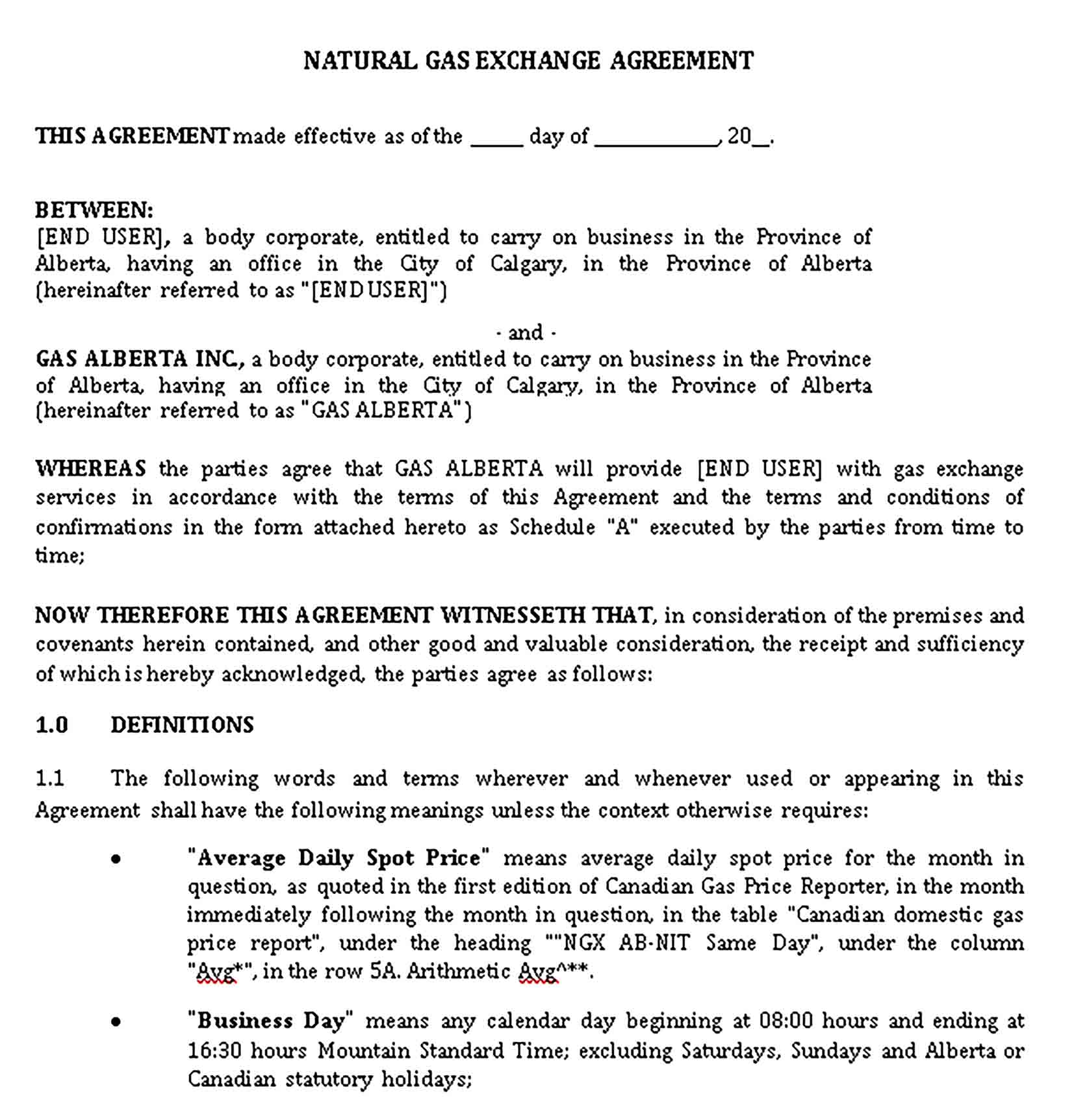 Templates Natural Gas Exchange Agreement Sample
