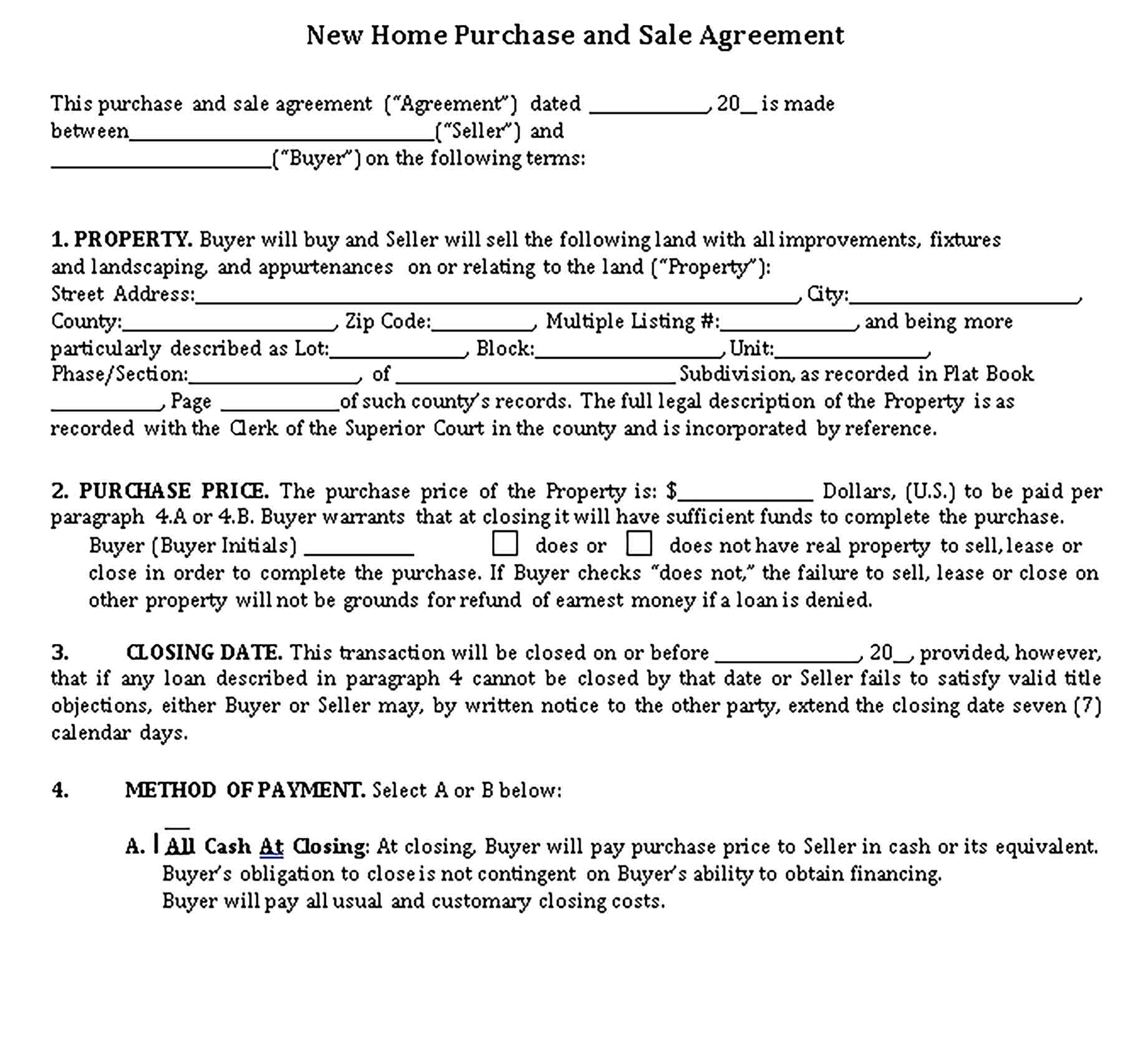 Templates New Home Purchase and Sale Agreement Sample