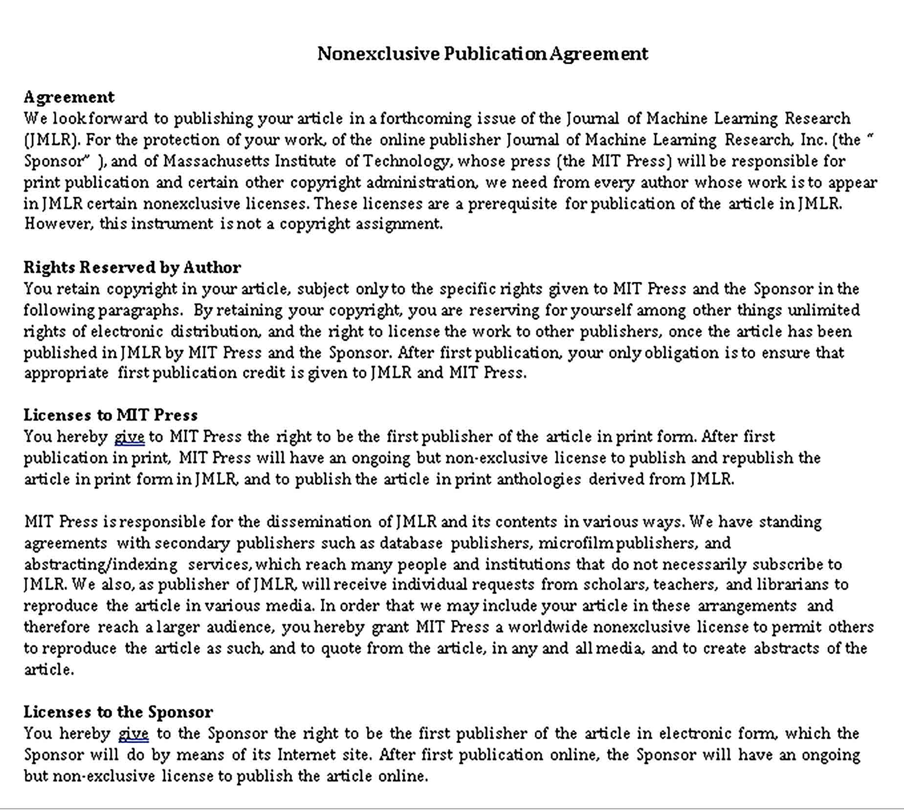 Templates Non Exclusive Publication Agreement in Sample