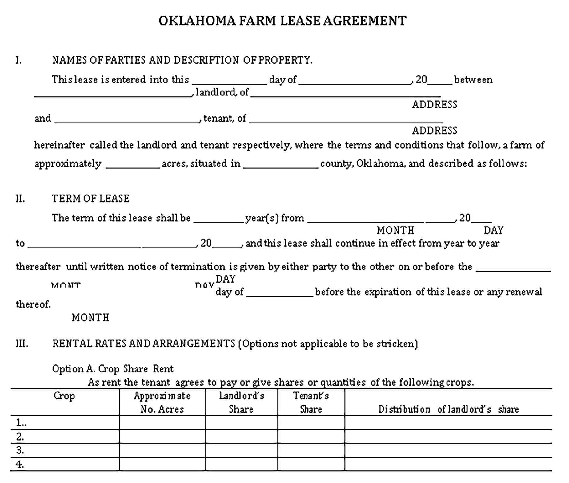 Templates Oklahoma Farm Lease Agreement Sample