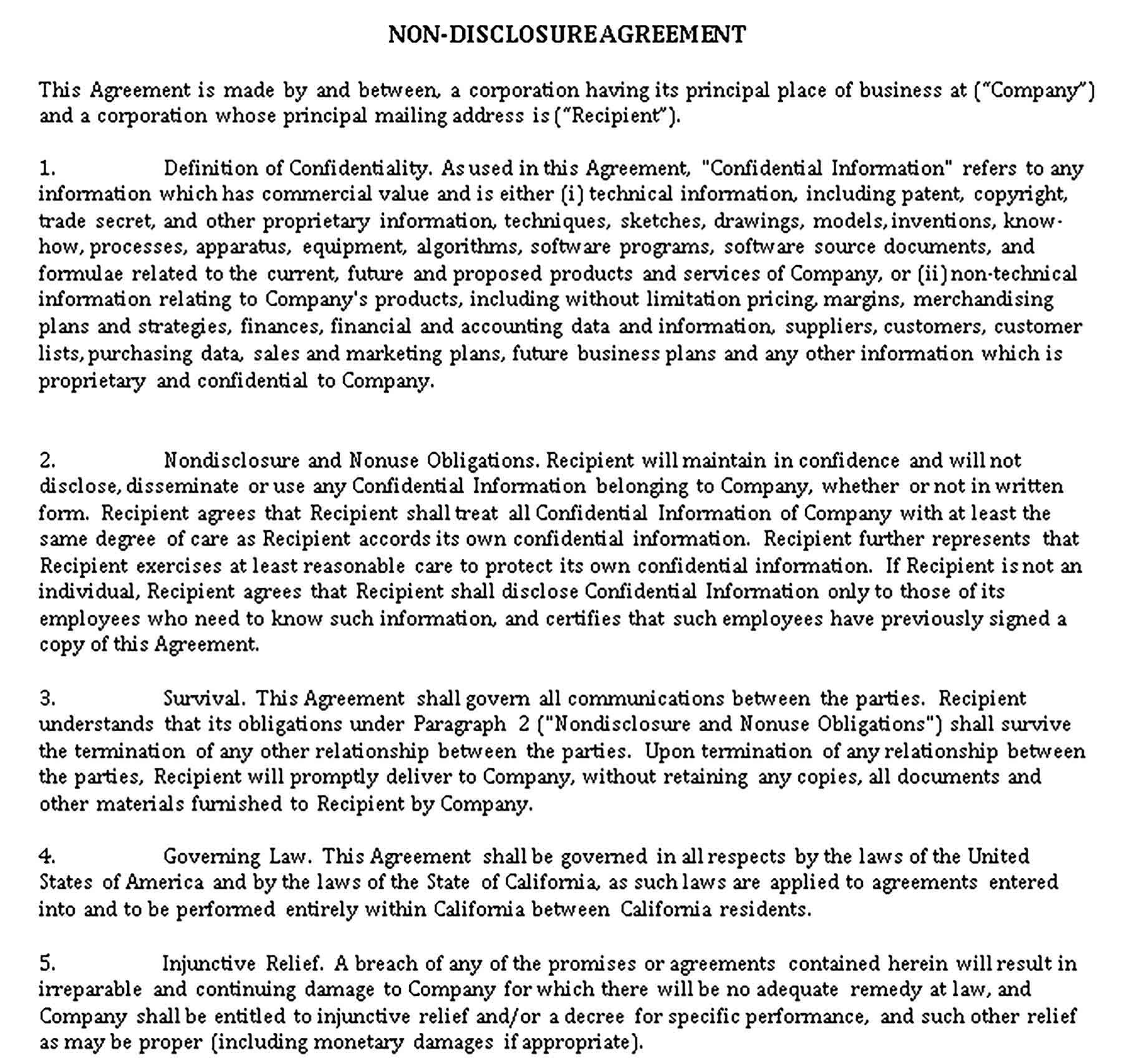 Templates One way Non Disclosure Agreement Form Sample
