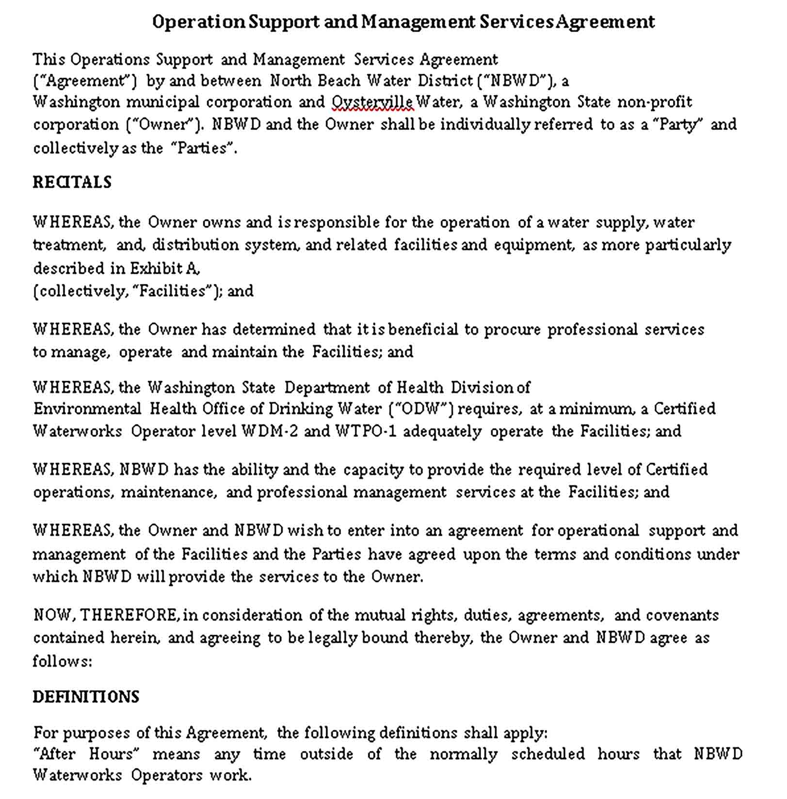 Templates Operation Support Management Services Agreement Sample
