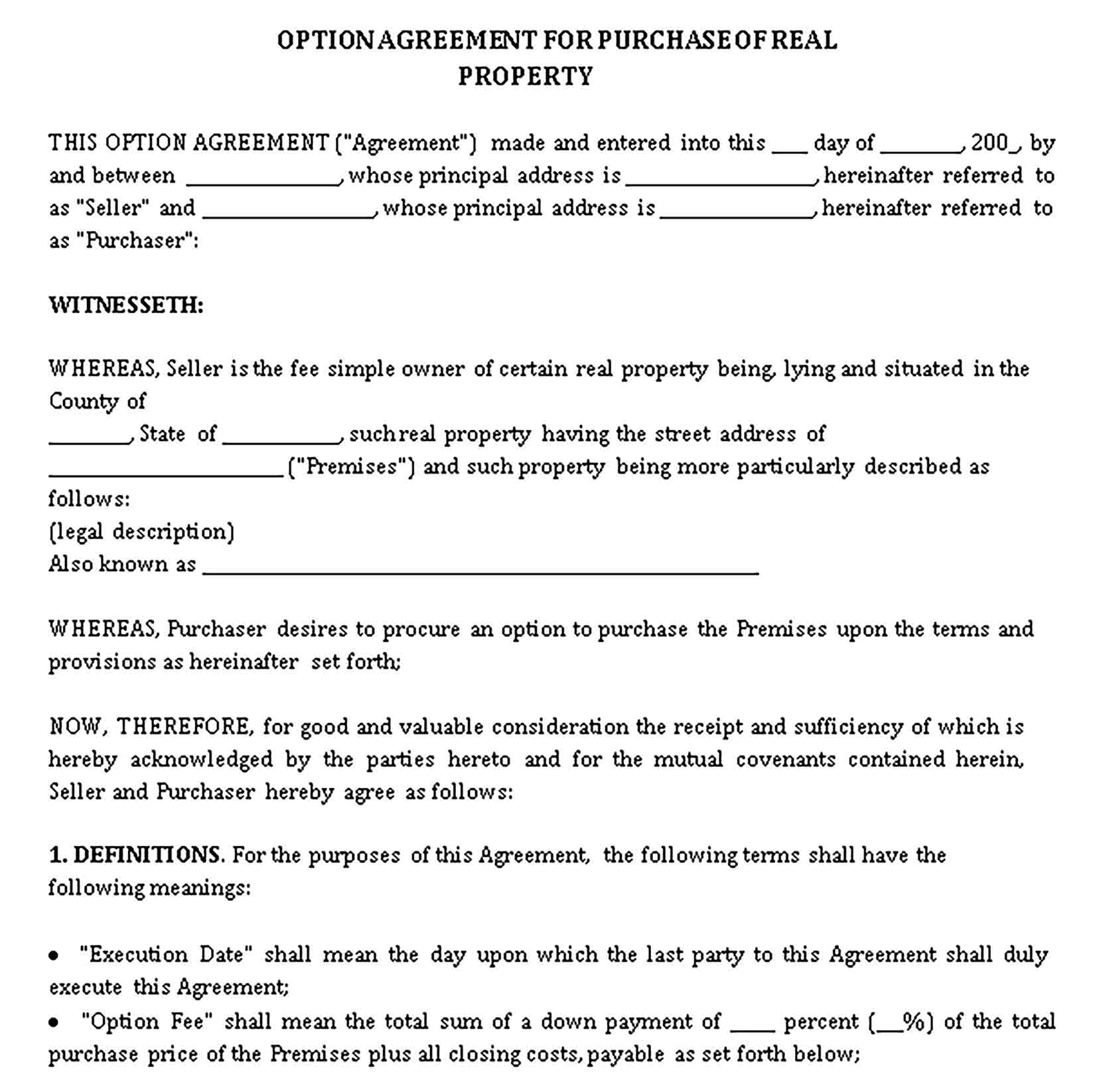 Templates Option to Purchase Agreement Sample