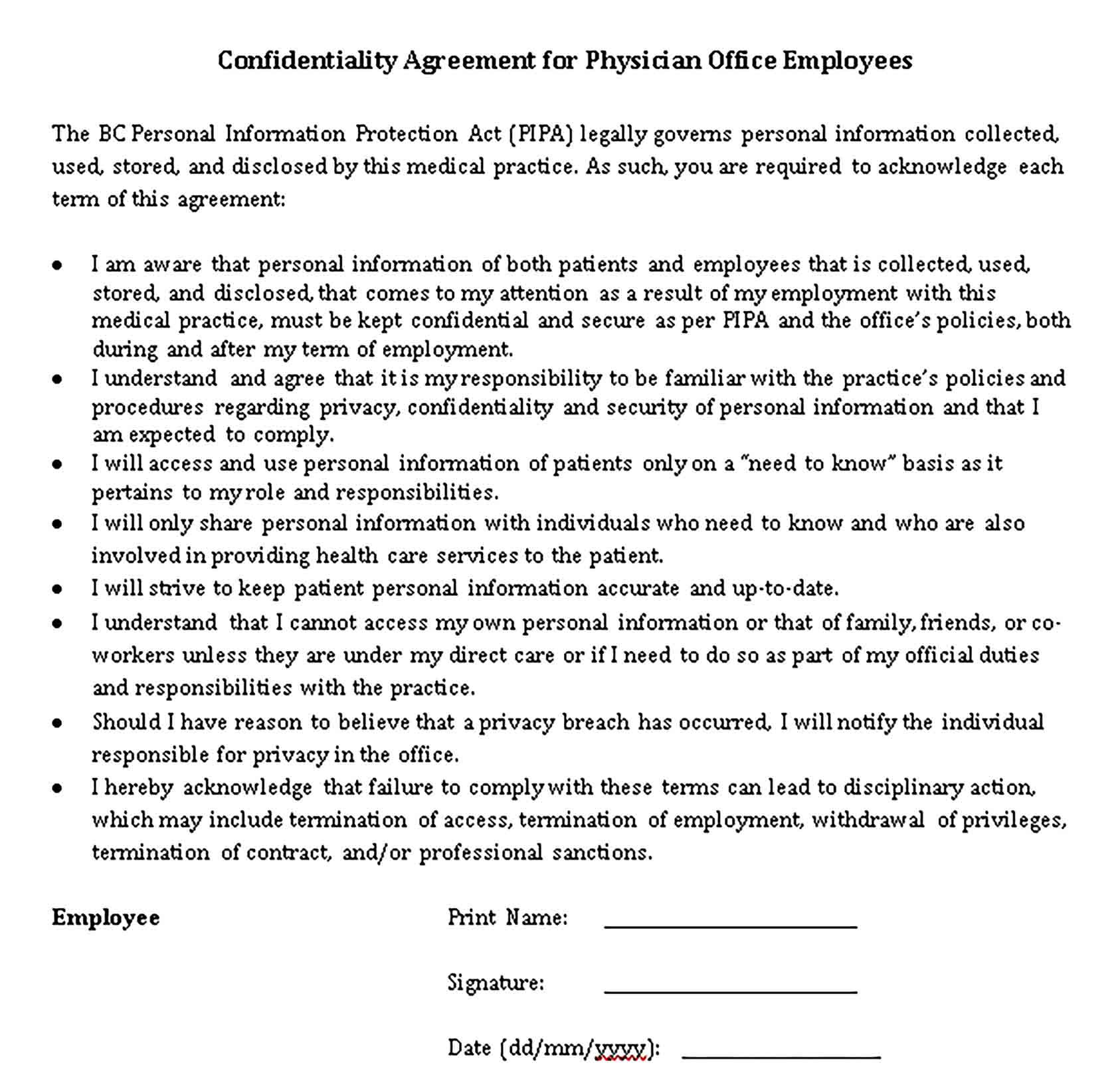 Templates Personal Confidentiality Agreement for Physician Sample