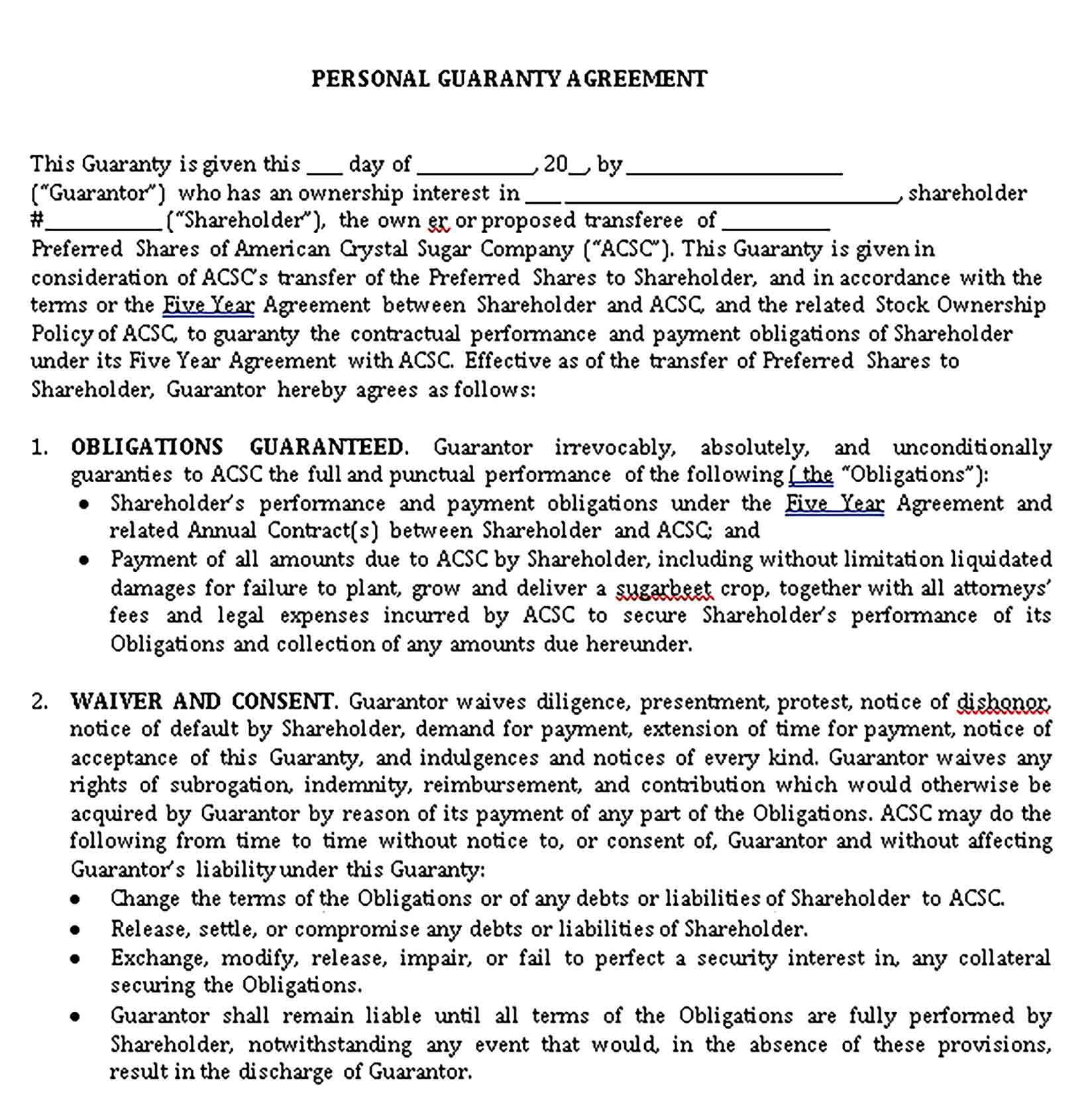 Templates Personal Guaranty Agreement Sample
