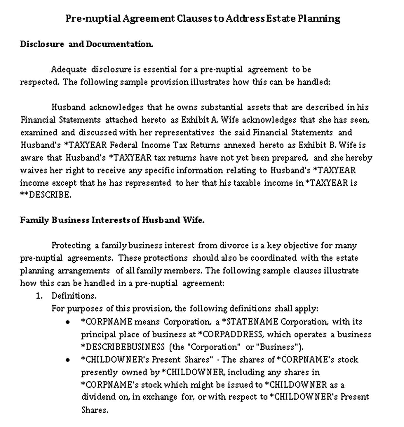 Templates Pre Nuptial Agreement Clauses to Estate Planning Sample