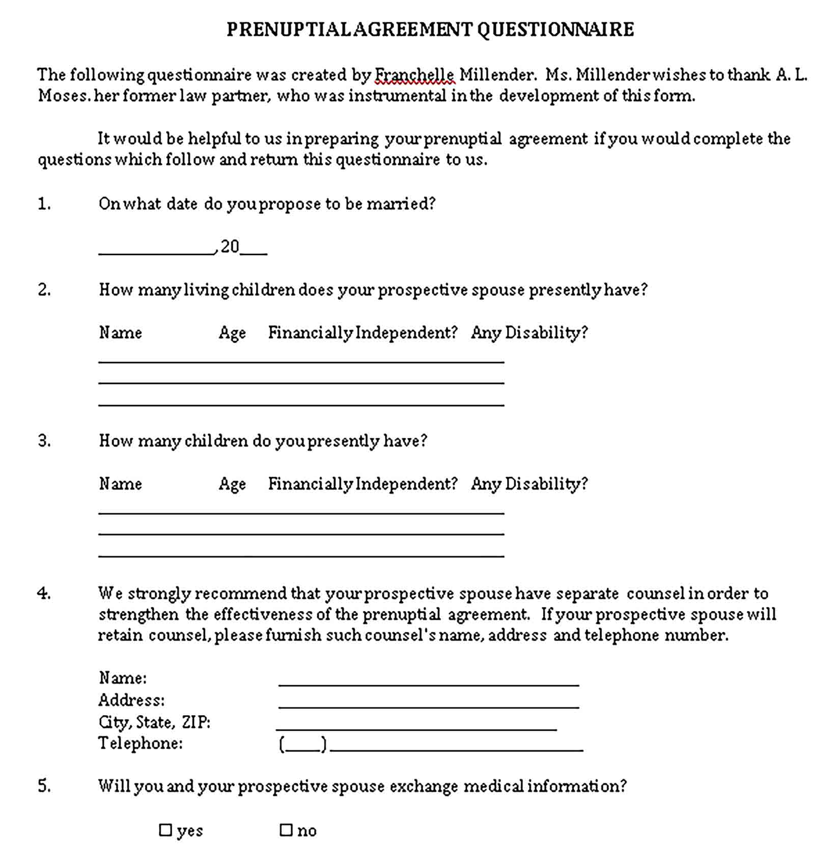 Templates Prenuptial Agreement Questionnaire Sample
