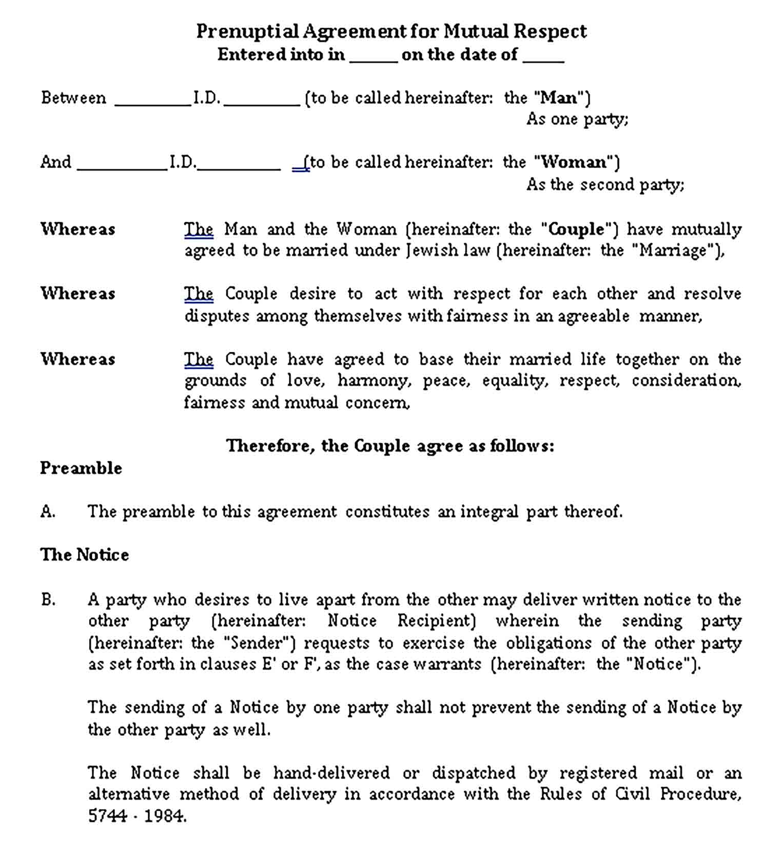 Templates Prenuptial Agreement for Mutual Respect Sample