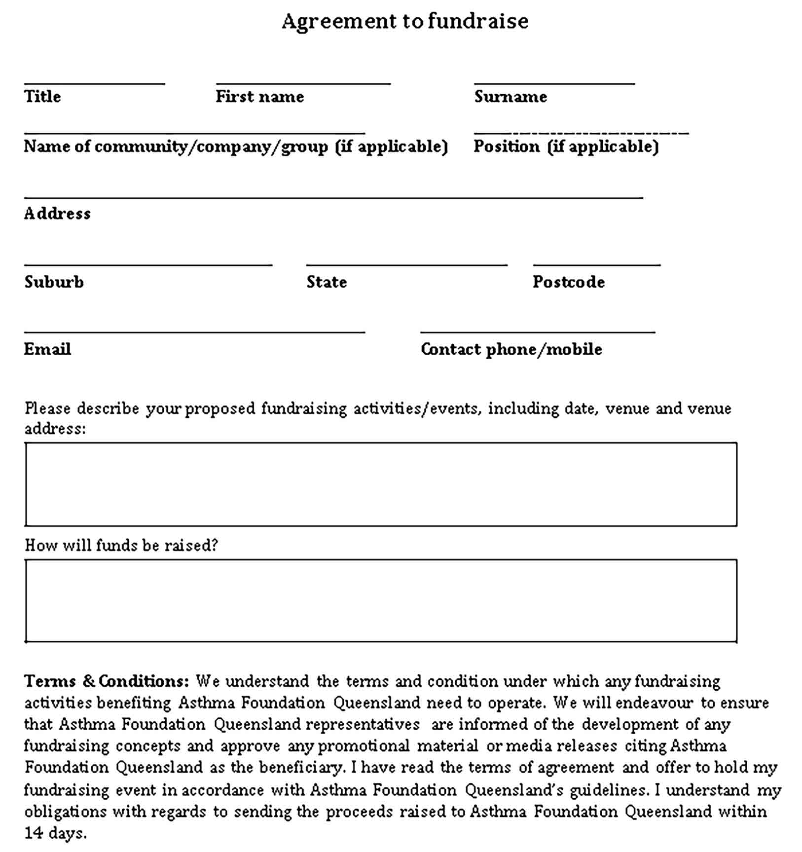Templates Printable Agreement to fundraise Sample