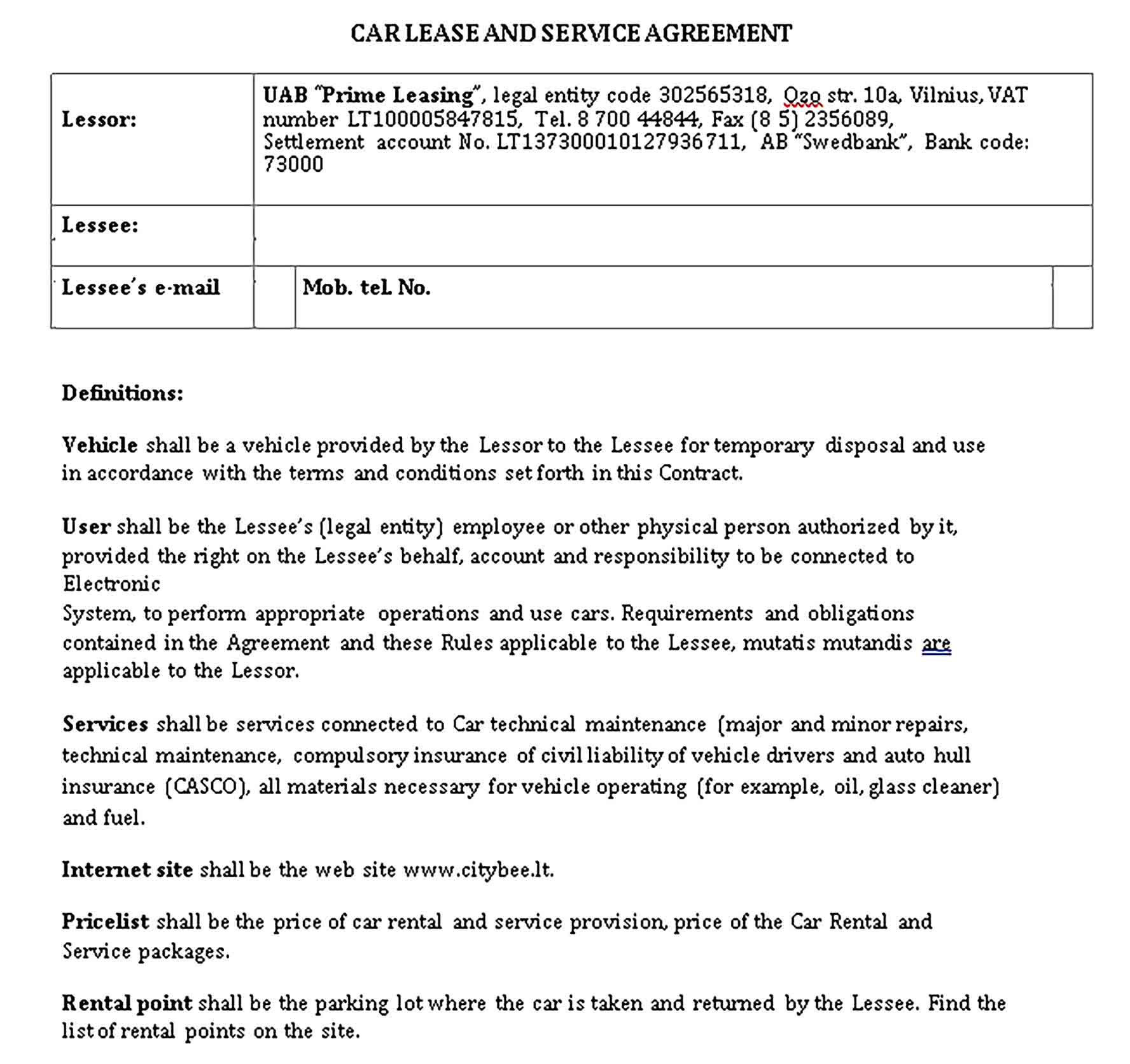 Templates Private Car Lease Agreement Sample 1