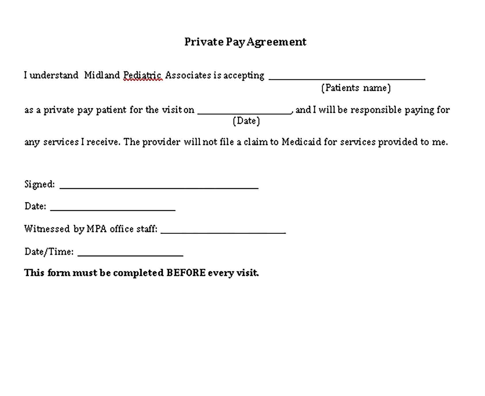 Templates Private Pay Agreement in Sample
