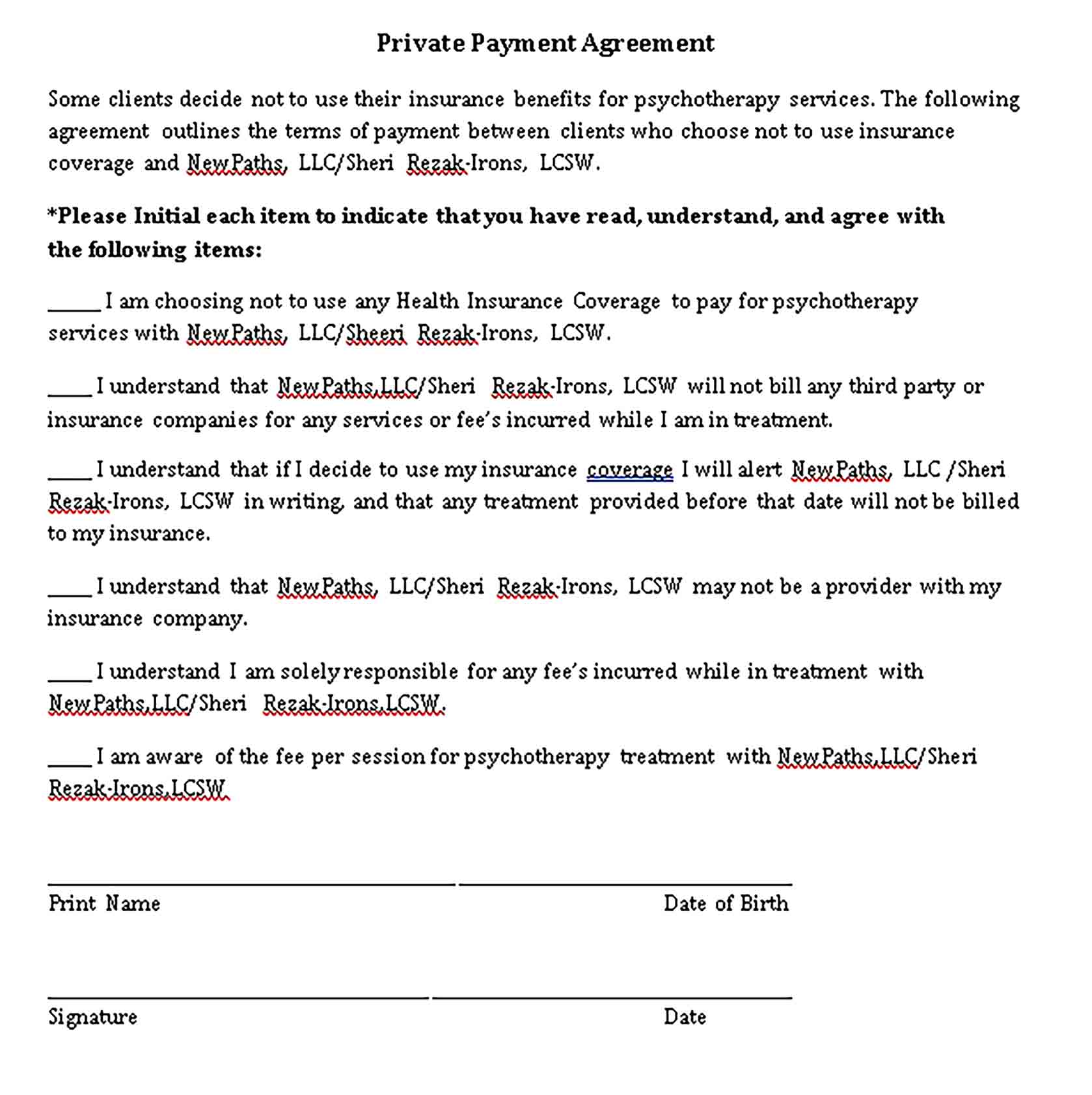 Templates Private Payment Agreement Sample