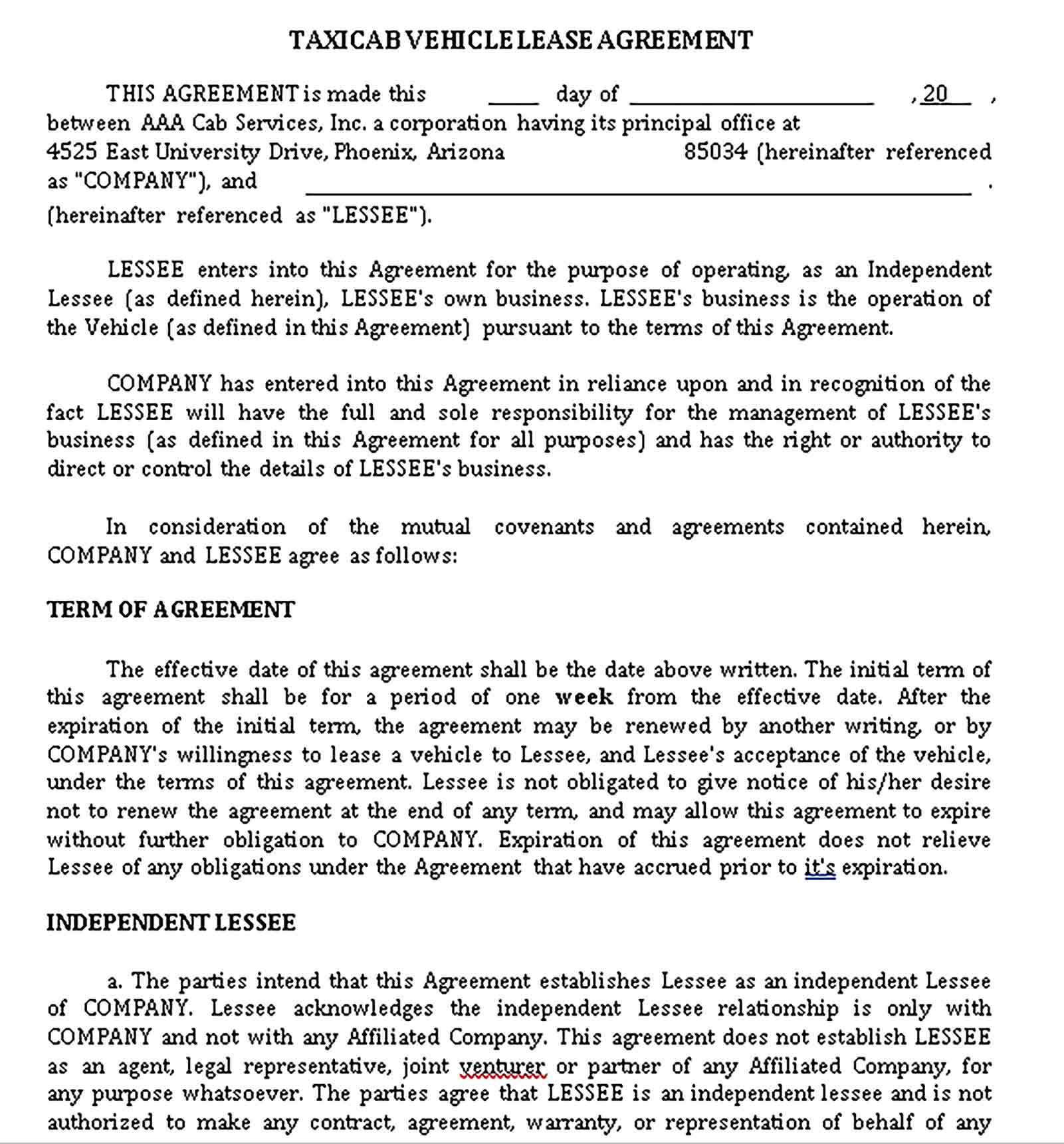 Templates Private Vehicle Lease Agreement Sample 1