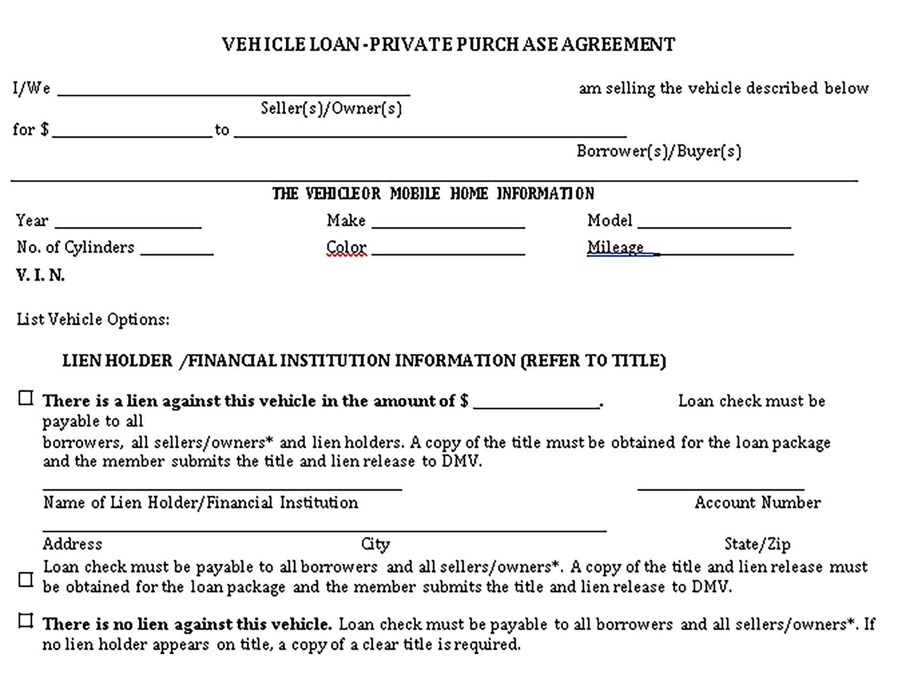 Templates Private Vehicle Loan Agreement Sample