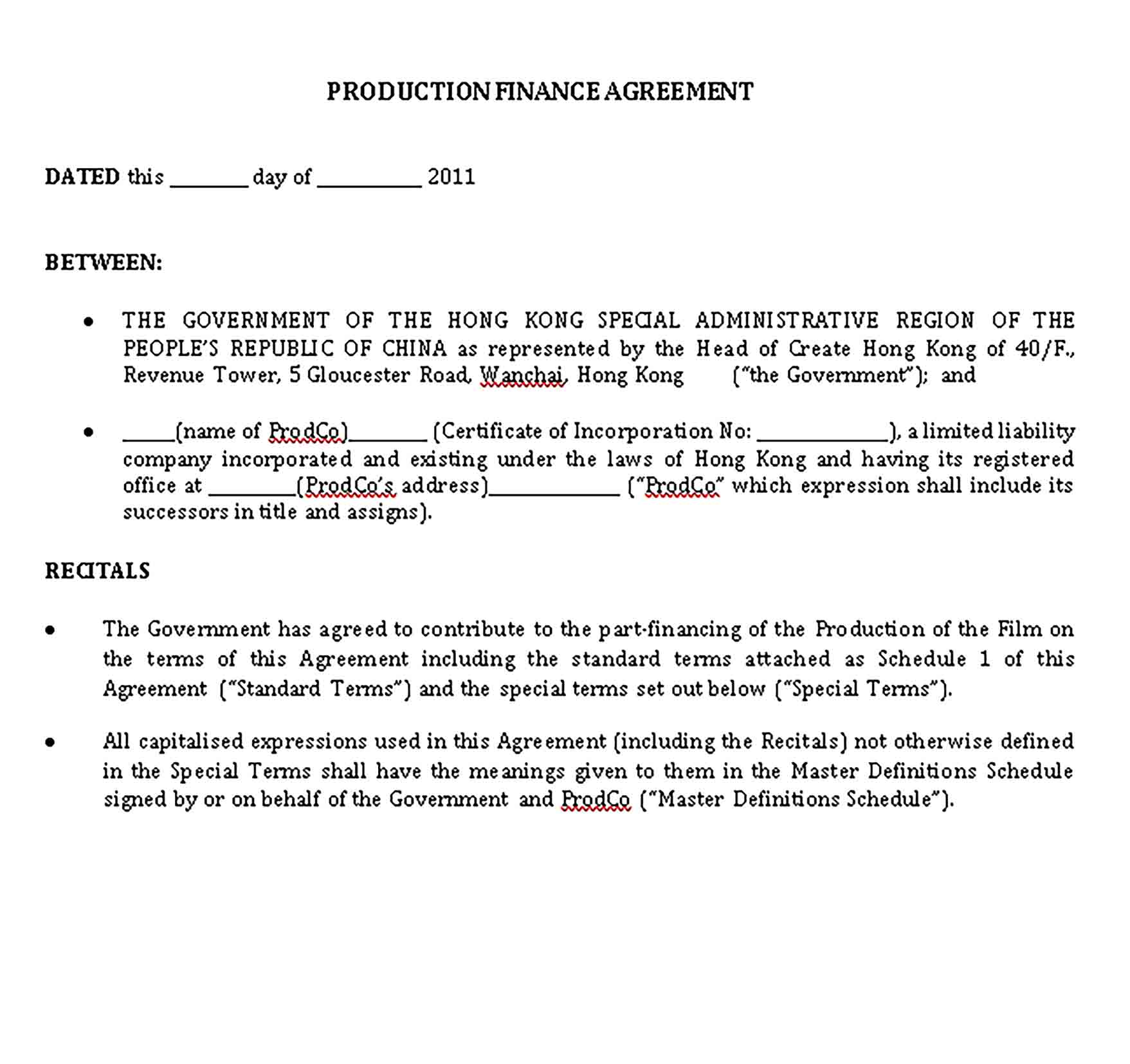 Templates Production Finance Agreement Sample