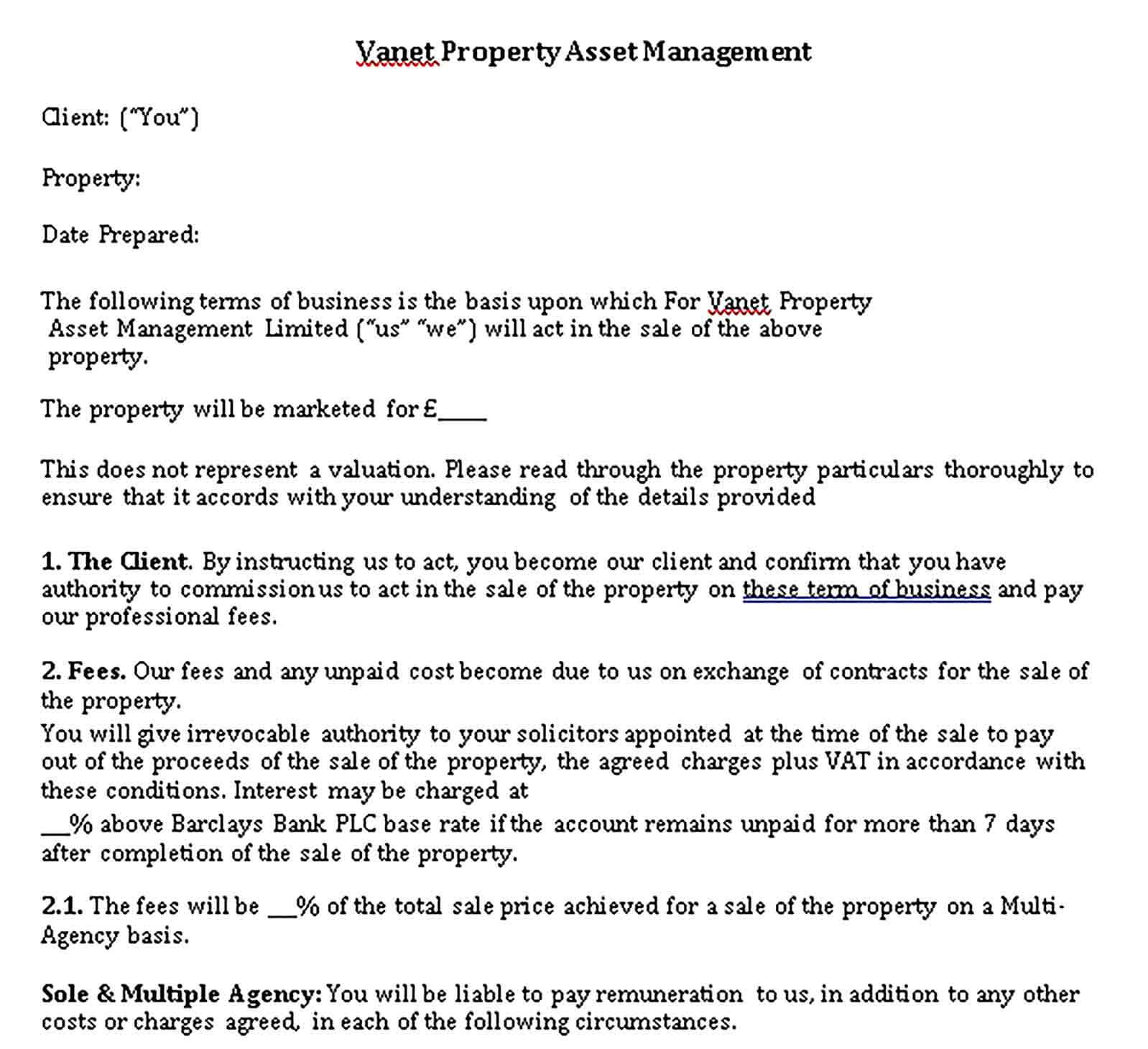 Templates Property Asset Management Sales Agency Agreement Sample