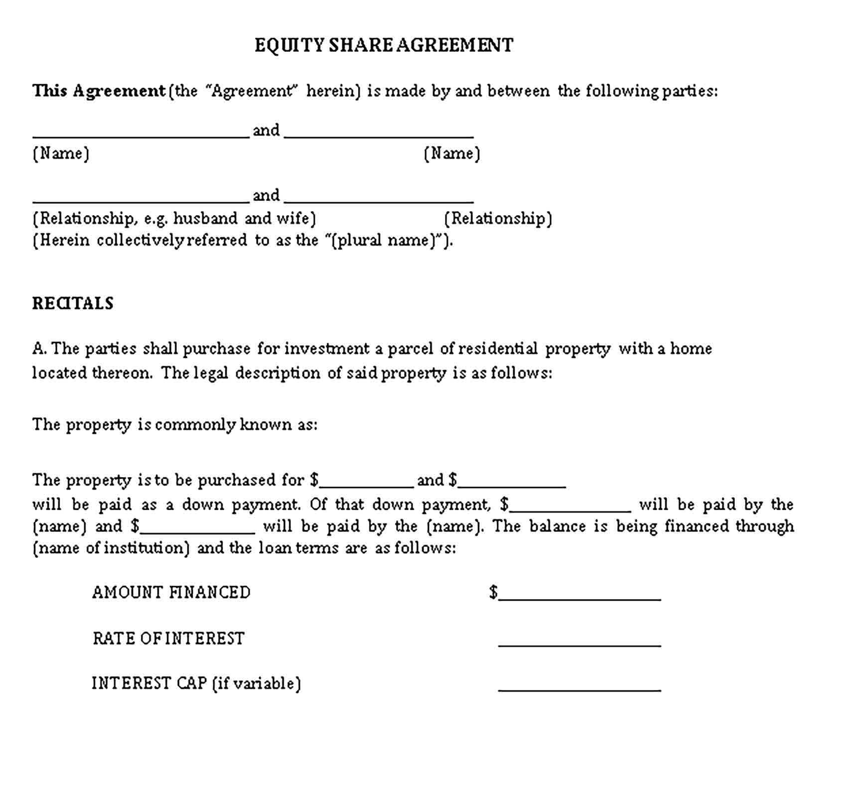 Templates Property Equity Share Agreement Sample