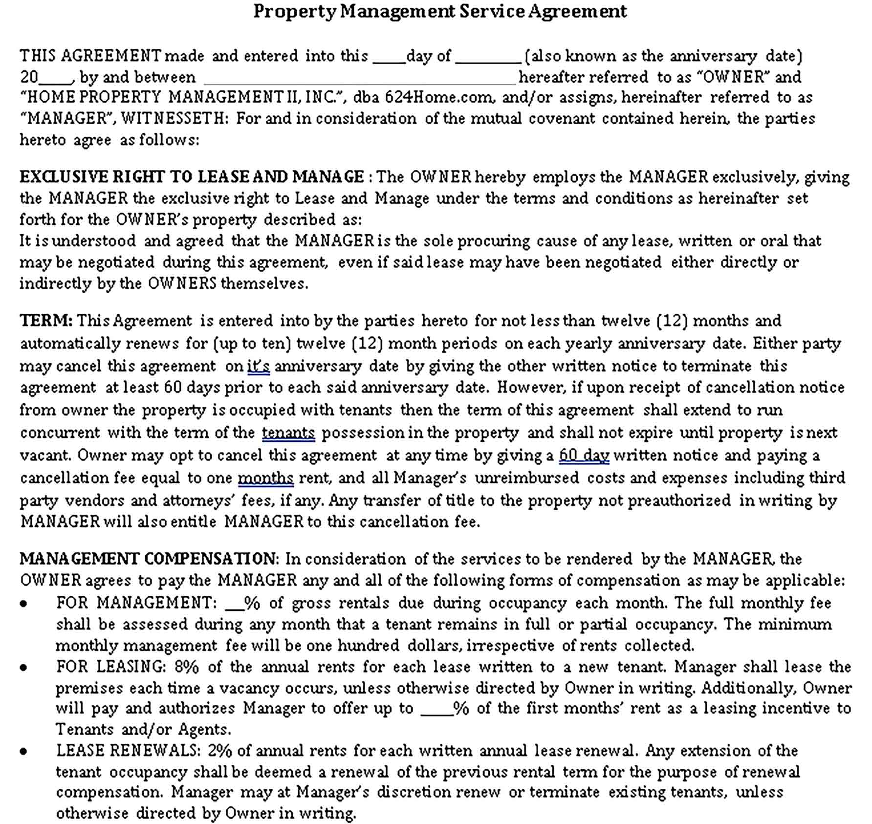 Templates Property Management Service Agreement Sample