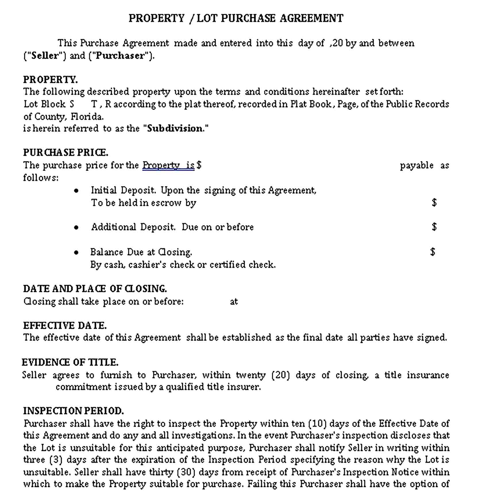 Templates Property Purchase Agreement Sample