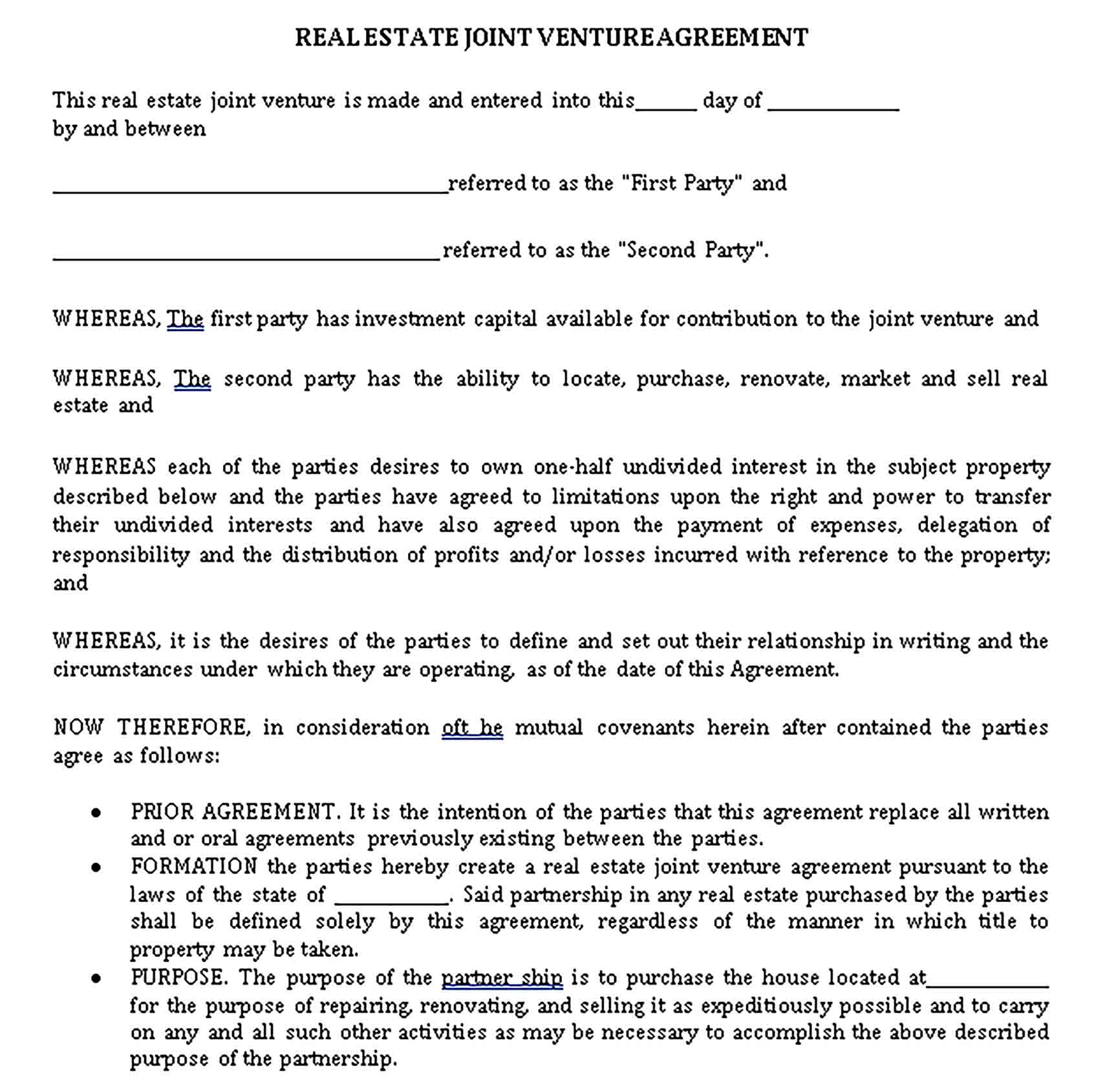 Templates Real Estate Joint Venture Agreement s Sample