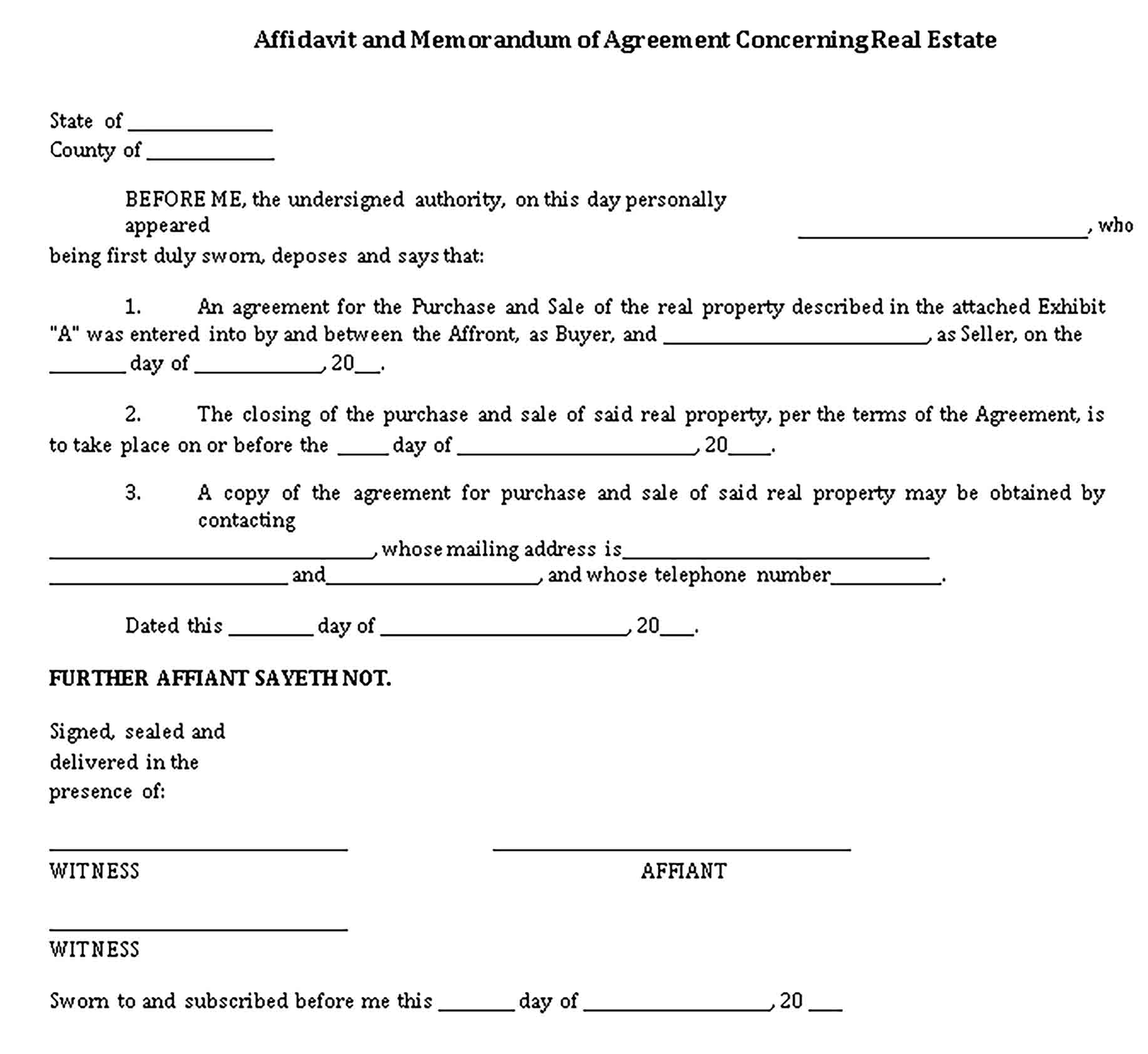 Templates Real Estate Memorandum of Agreement Format Sample