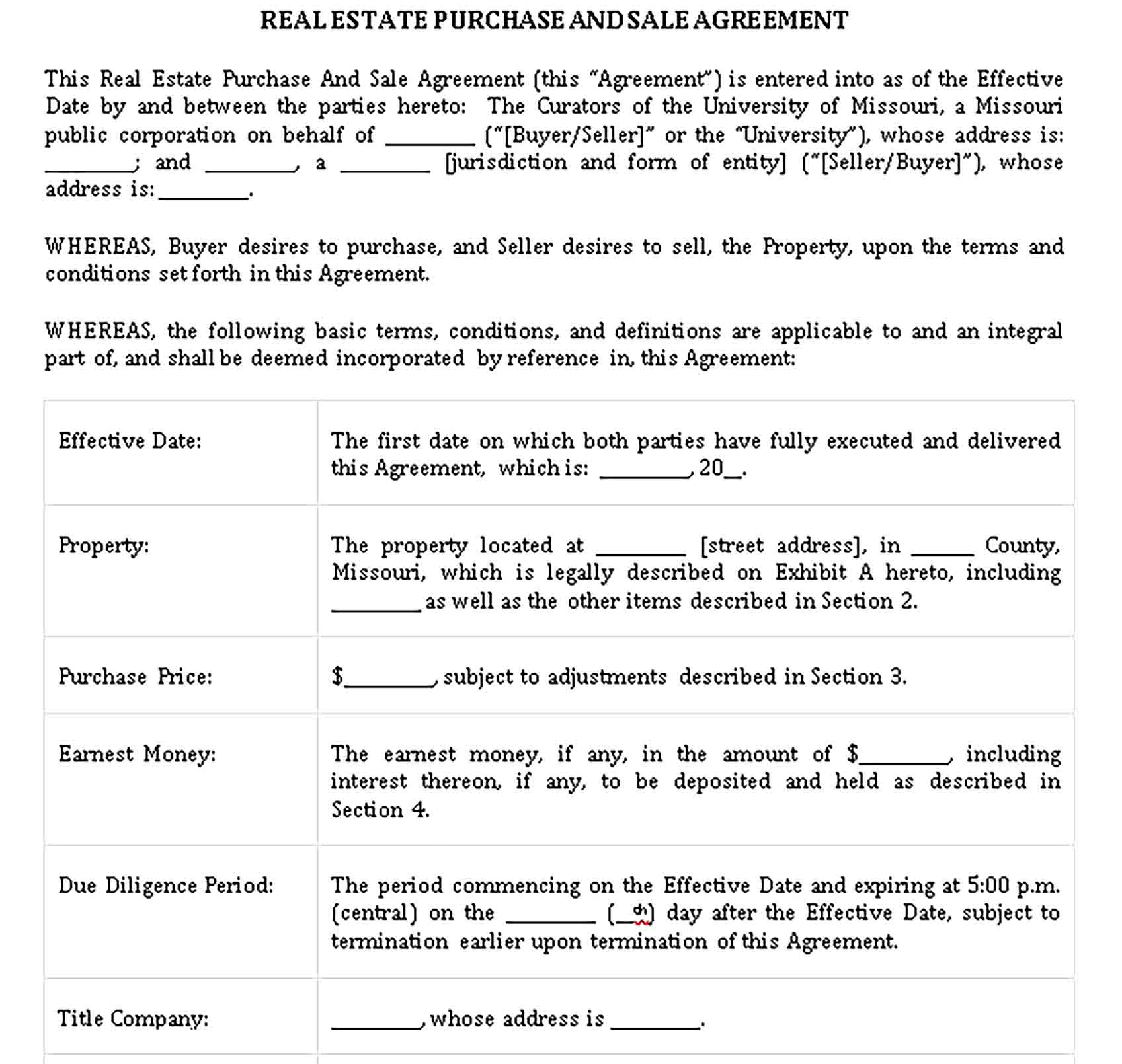 Templates Real Estate Purchase and Sale Agreement Sample