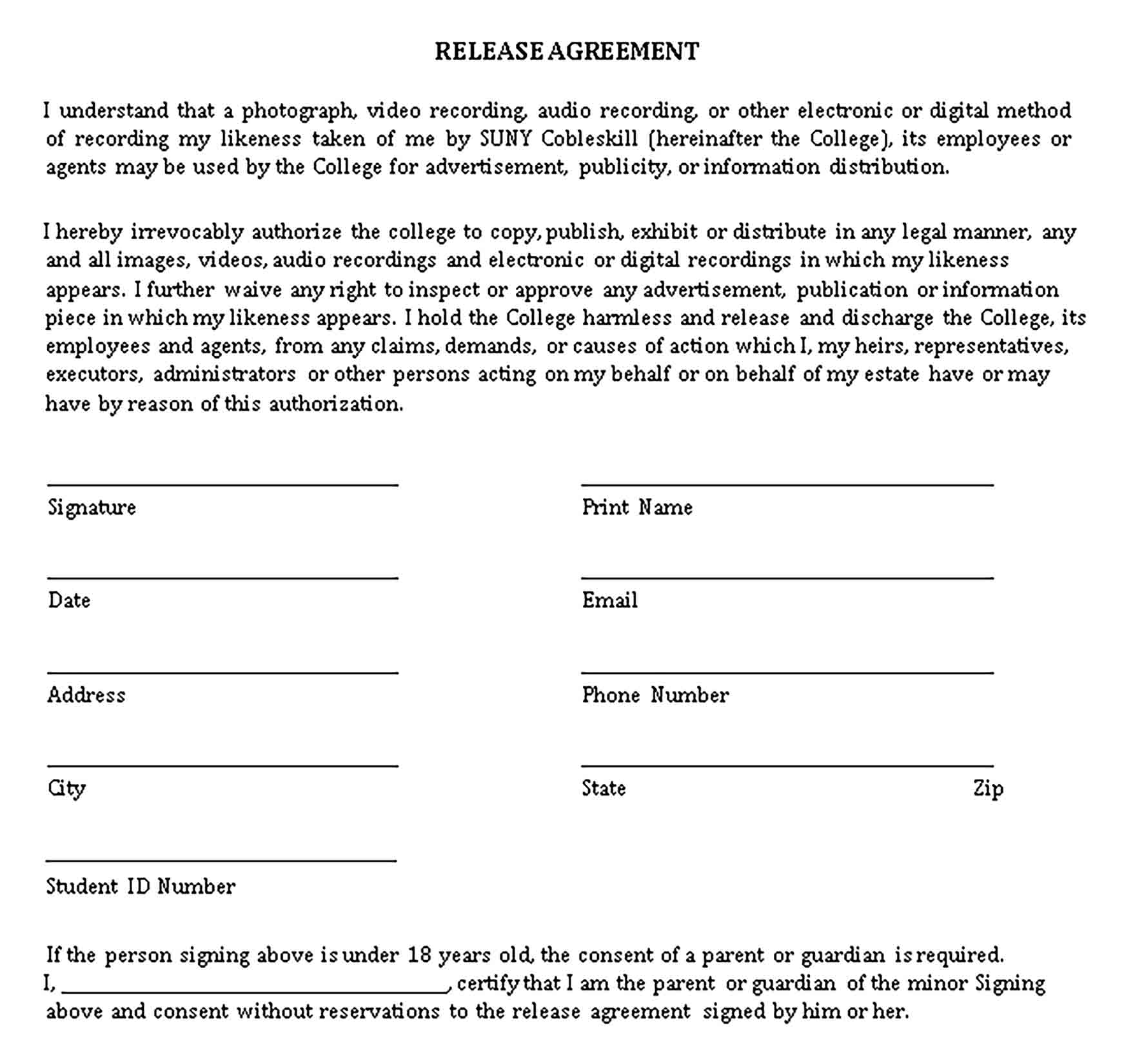 Templates Release Agreement Sample 001