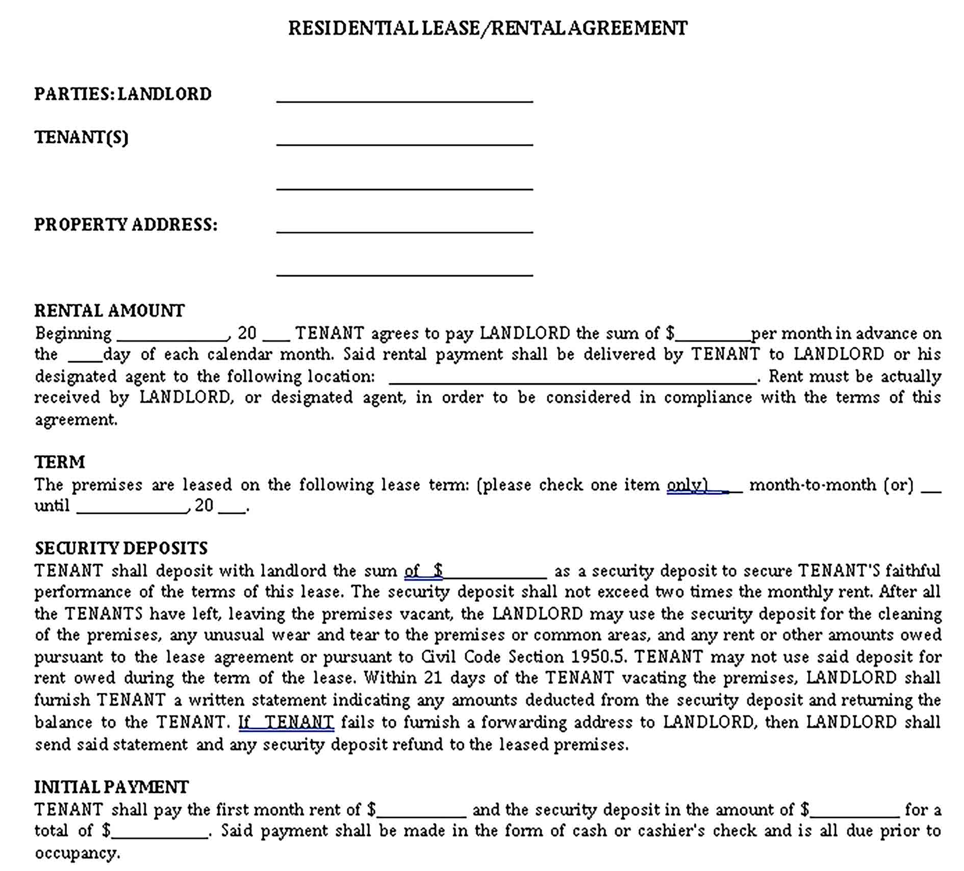 Templates Residential Rental Lease Agreement Sample 1