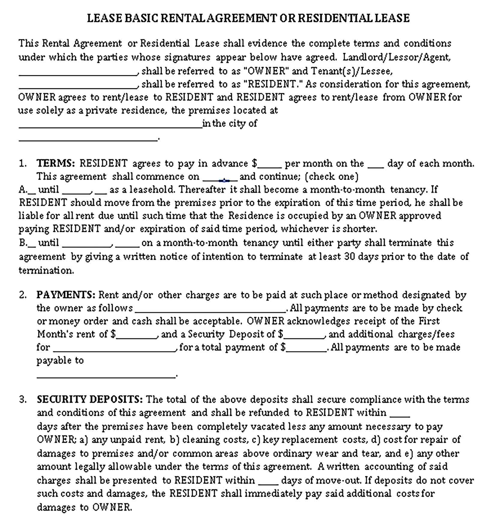 Templates Residential Rental Lease Agreement Sample