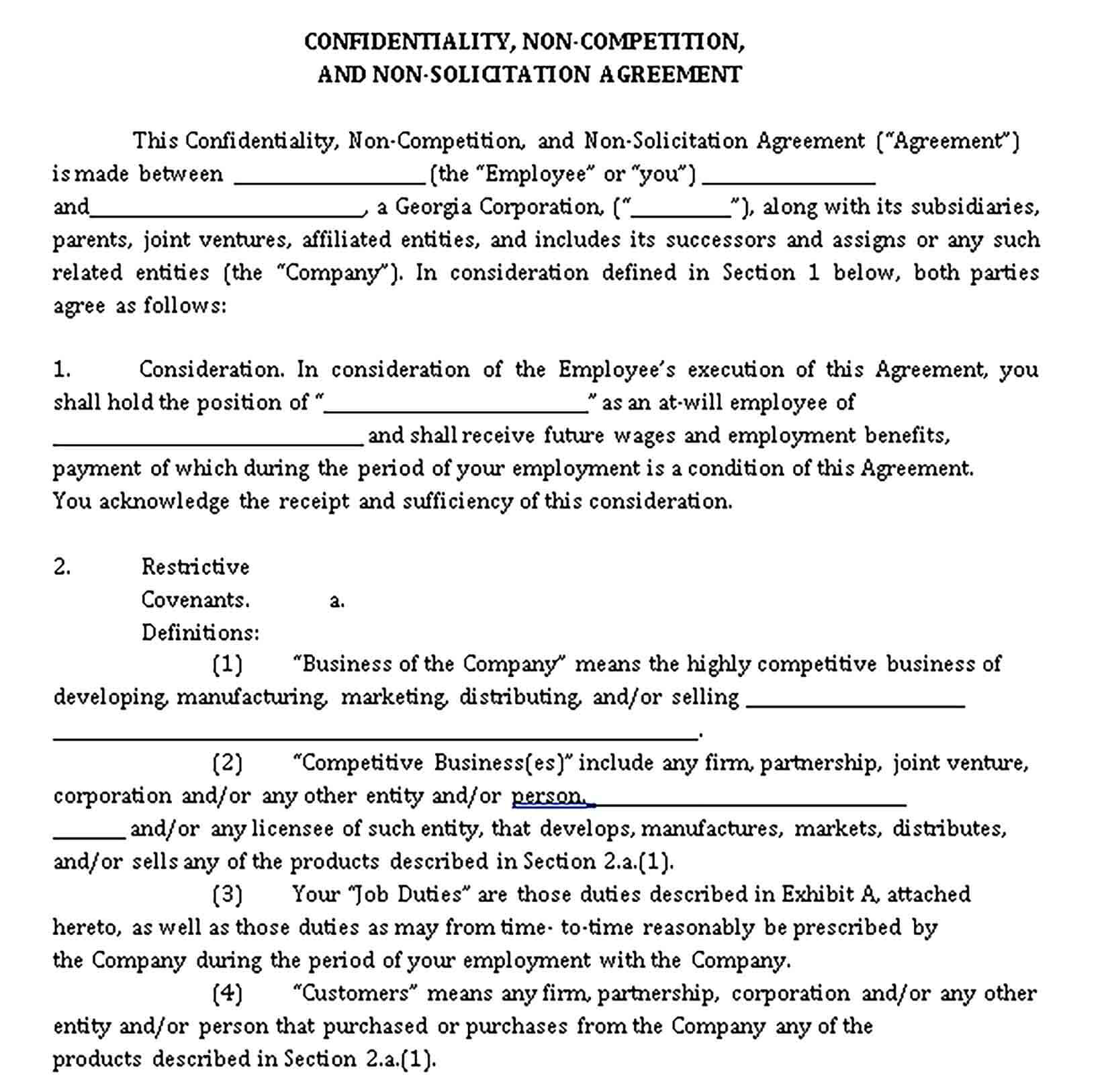 Templates Restaurant Confidentiality Non Compete and Non Solicitation Agreement Sample