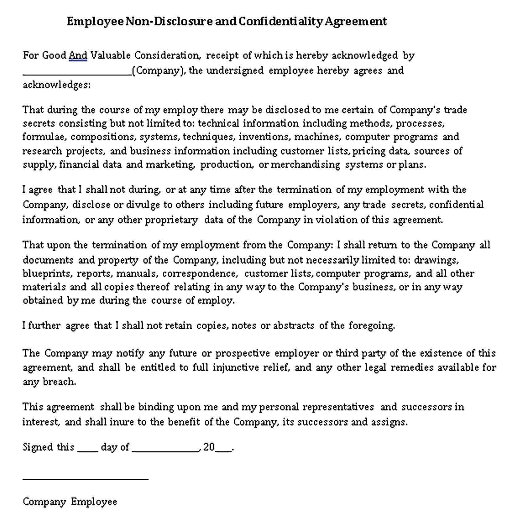 Templates Restaurant Employee Non Disclosure Agreement Sample