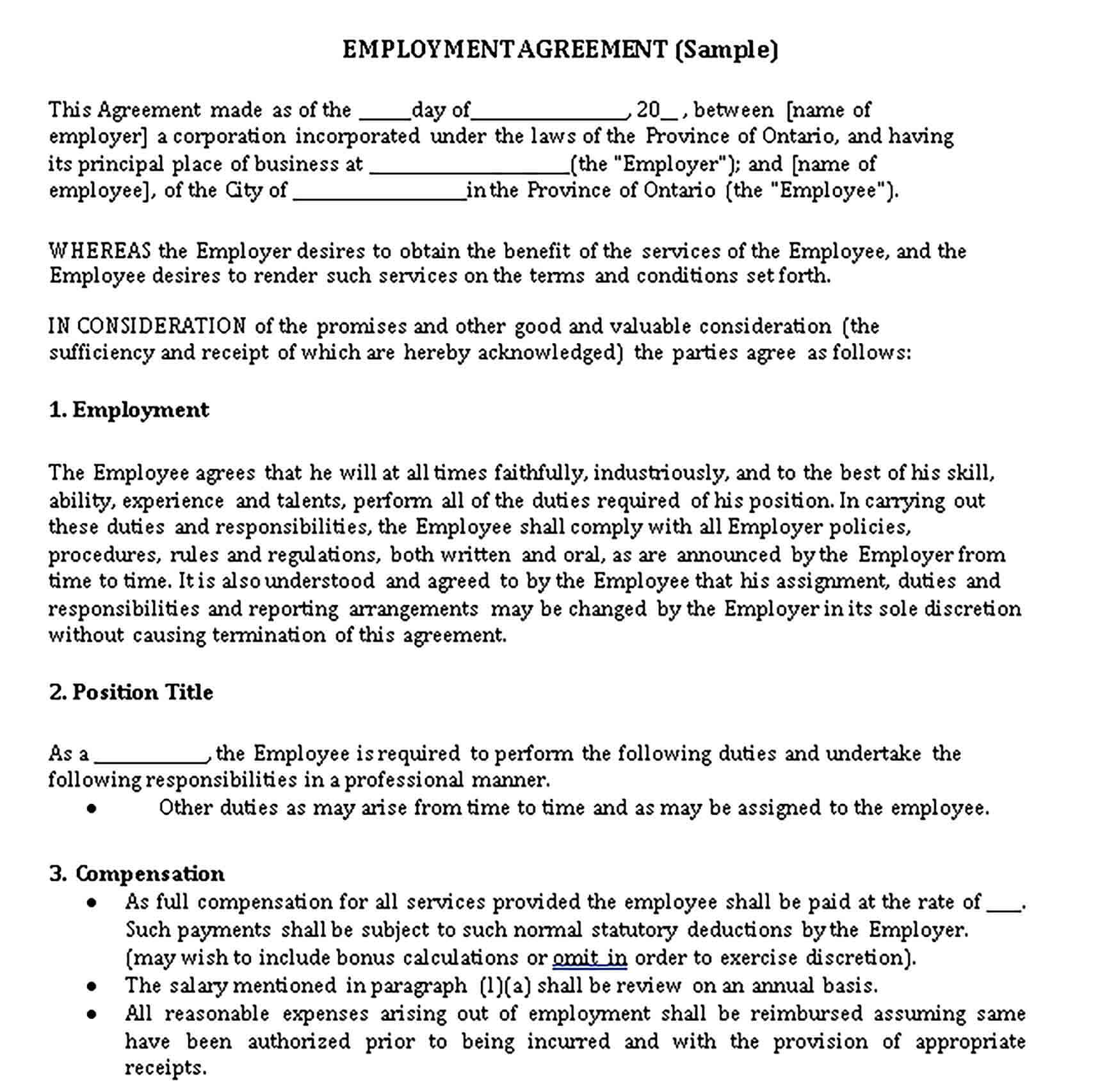 Templates Restaurant Employment Contract with Non Compete Agreement Sample