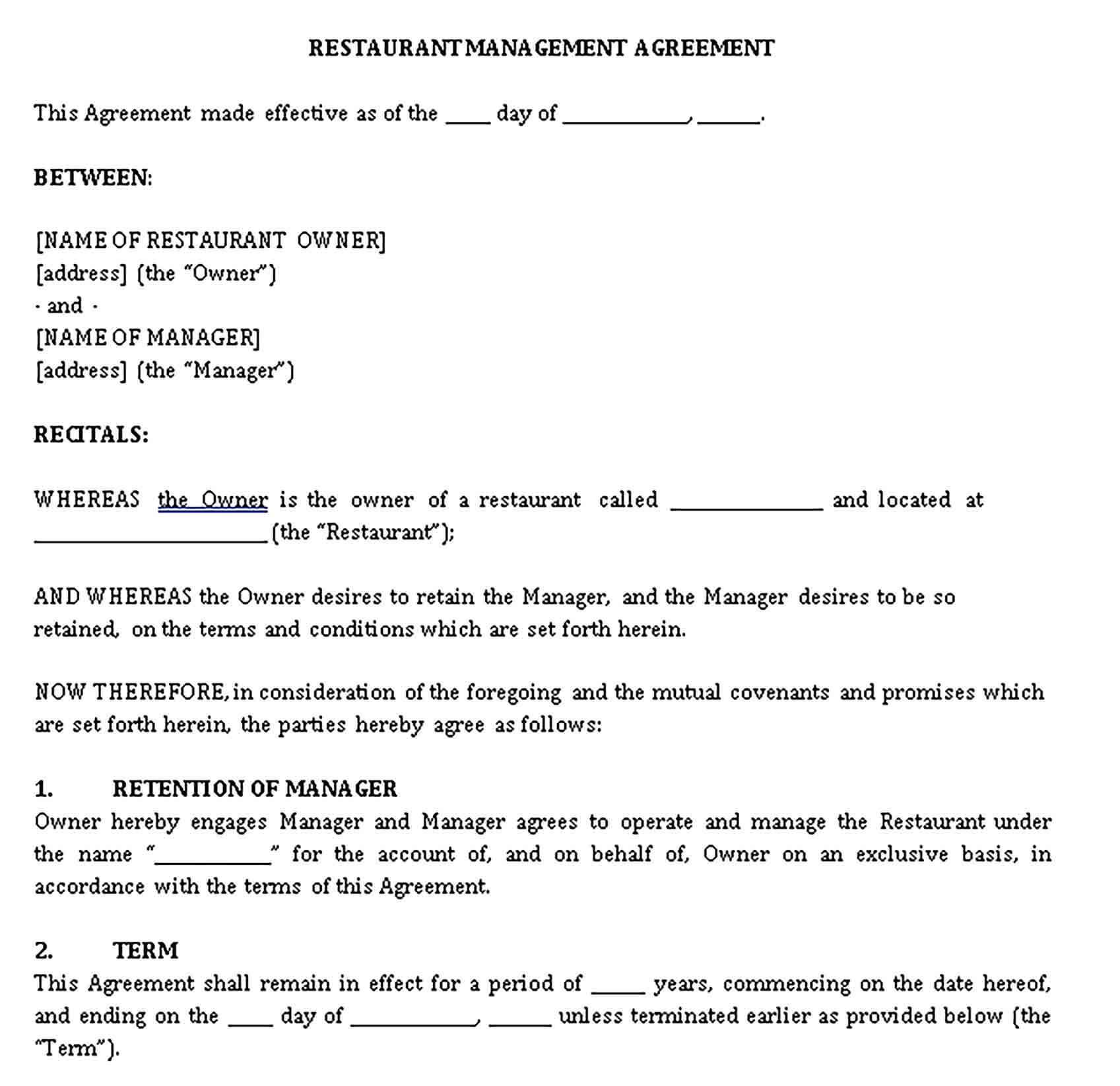 Templates Restaurant Management Agreement Sample