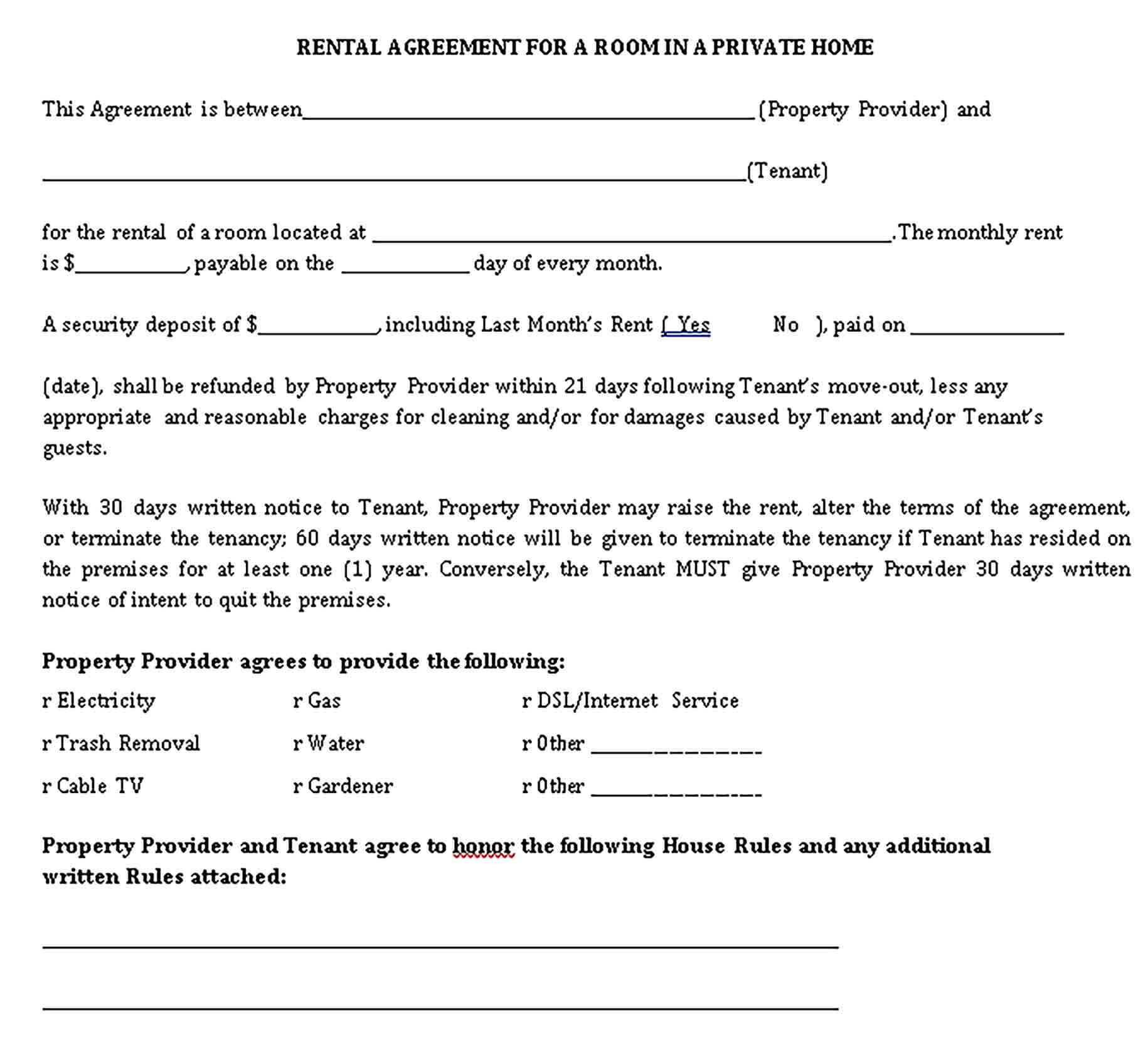 Templates Room Rental Agreement in Private Home Sample