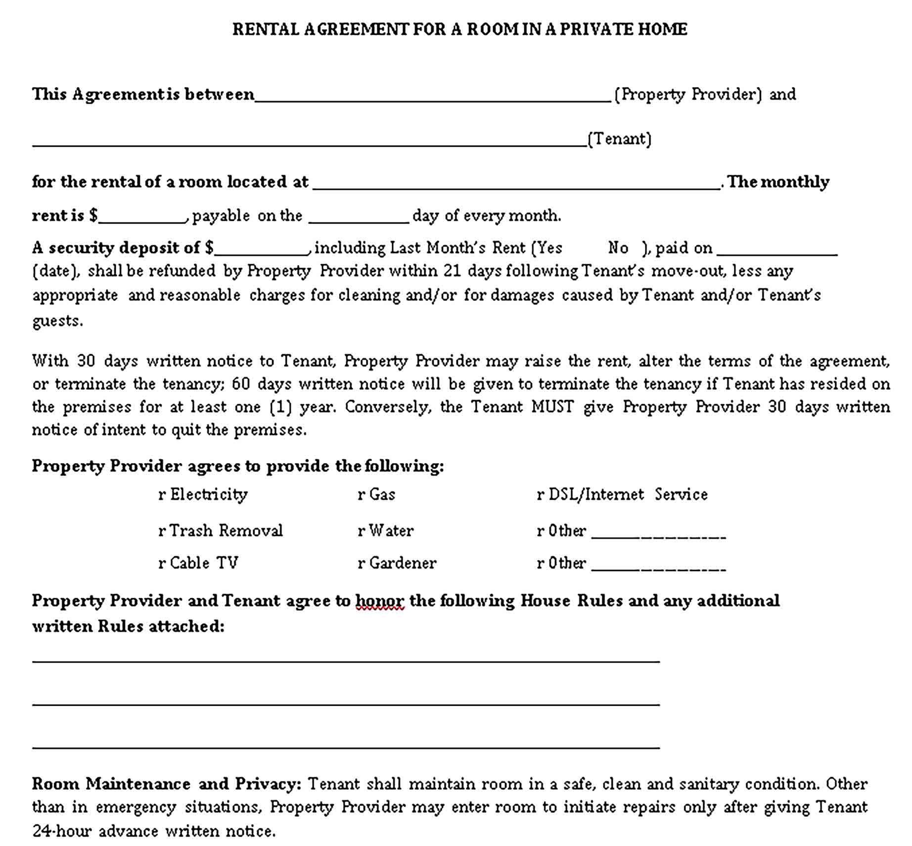 Templates Room Rental Lease Agreement Form Sample