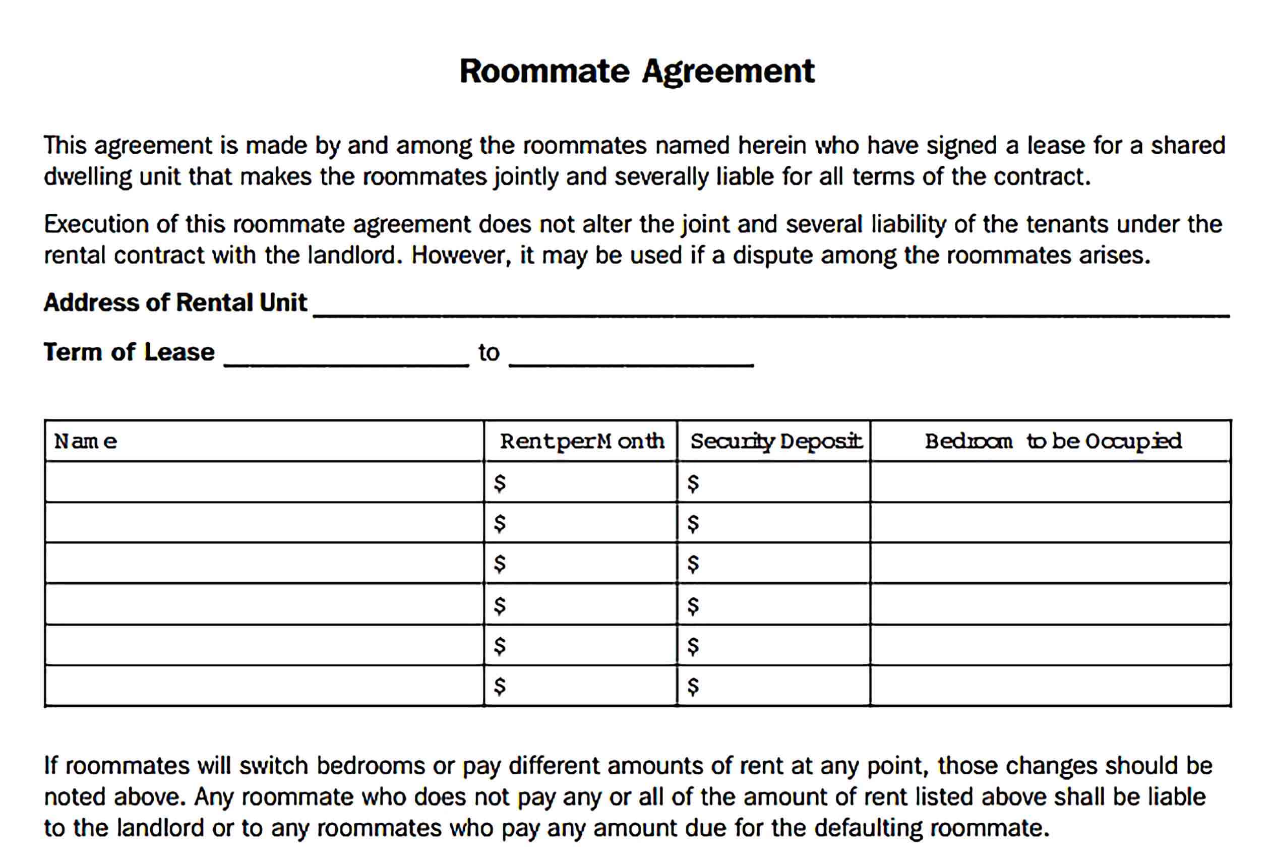 Templates Roommate Agreement Format Sample
