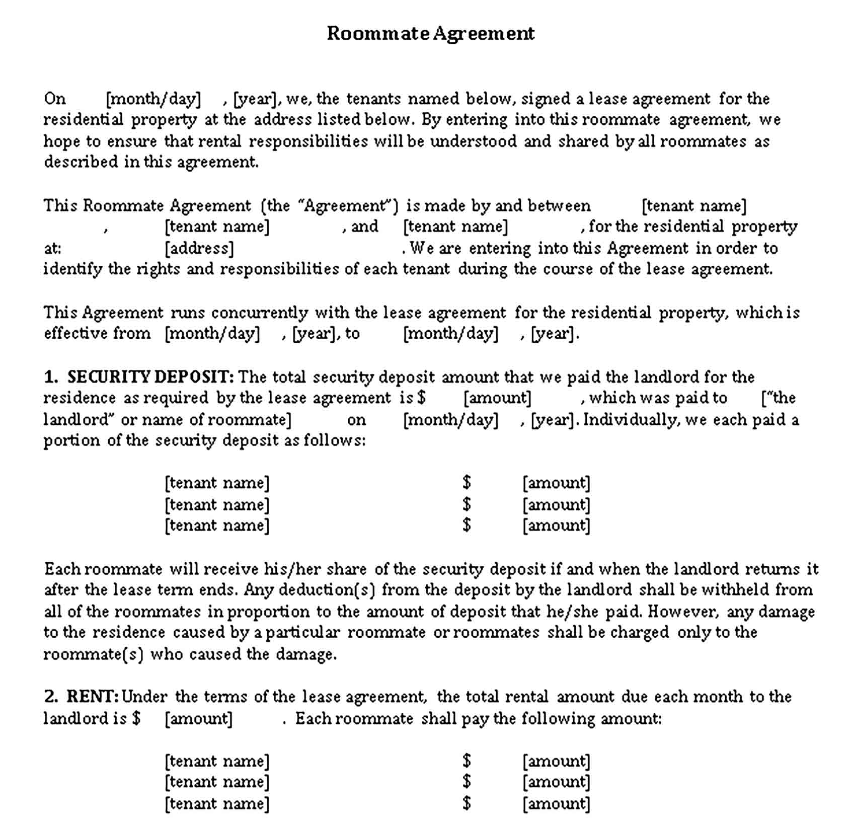 Templates Roommate Rent Agreement Letter Sample