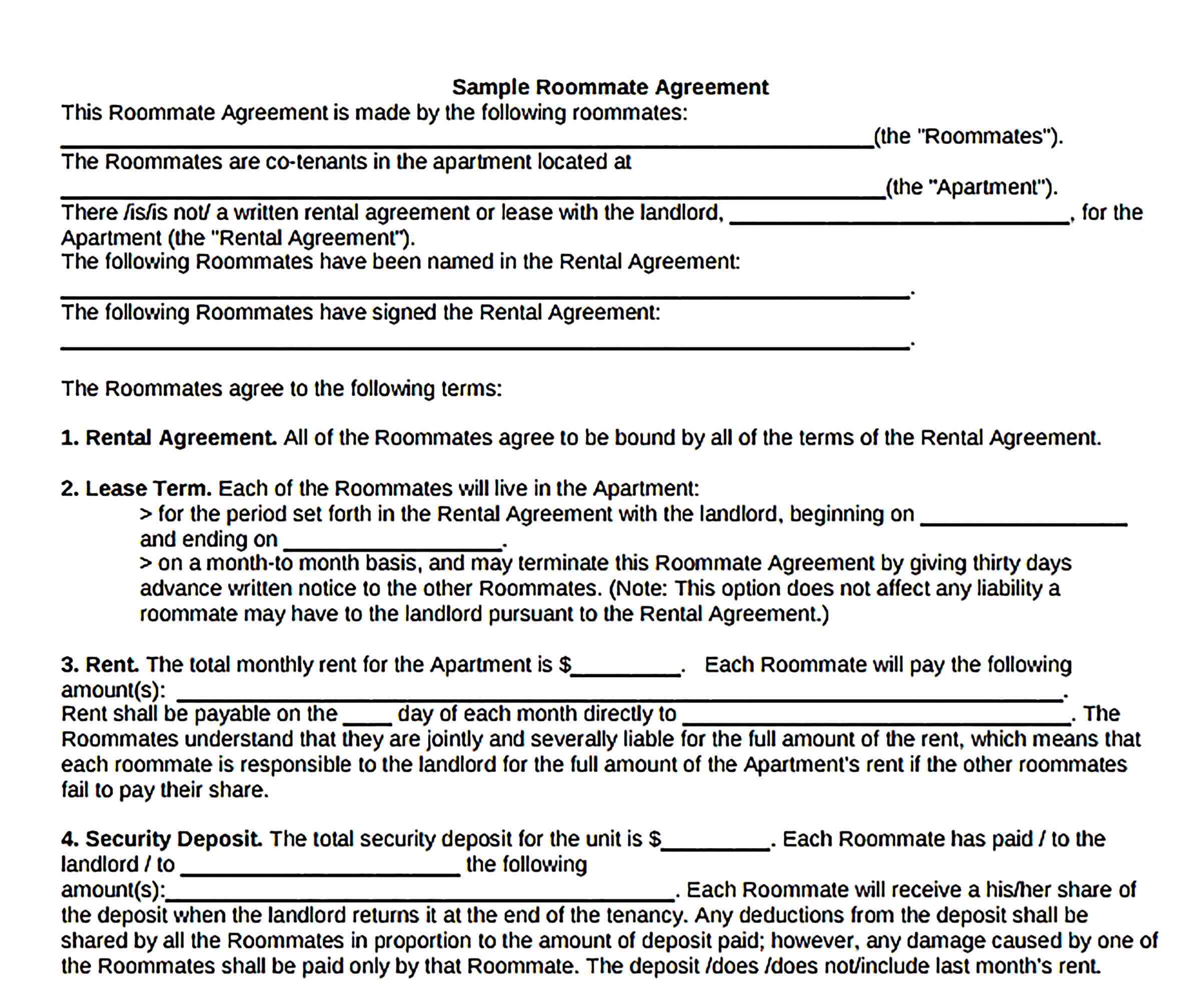 Templates Roommate Rental Agreement Sample