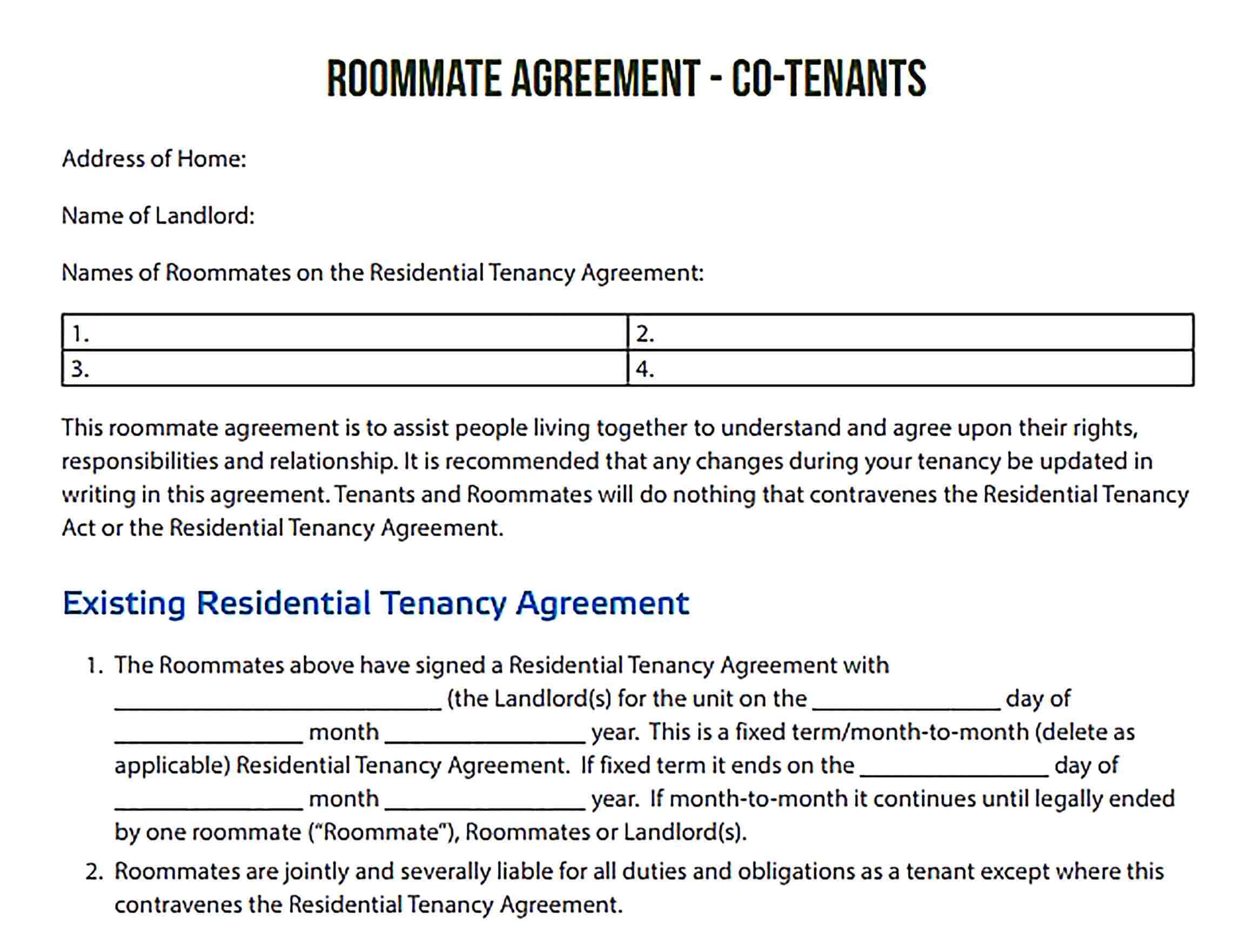 Templates RoommateAgreement Co tenants Sample