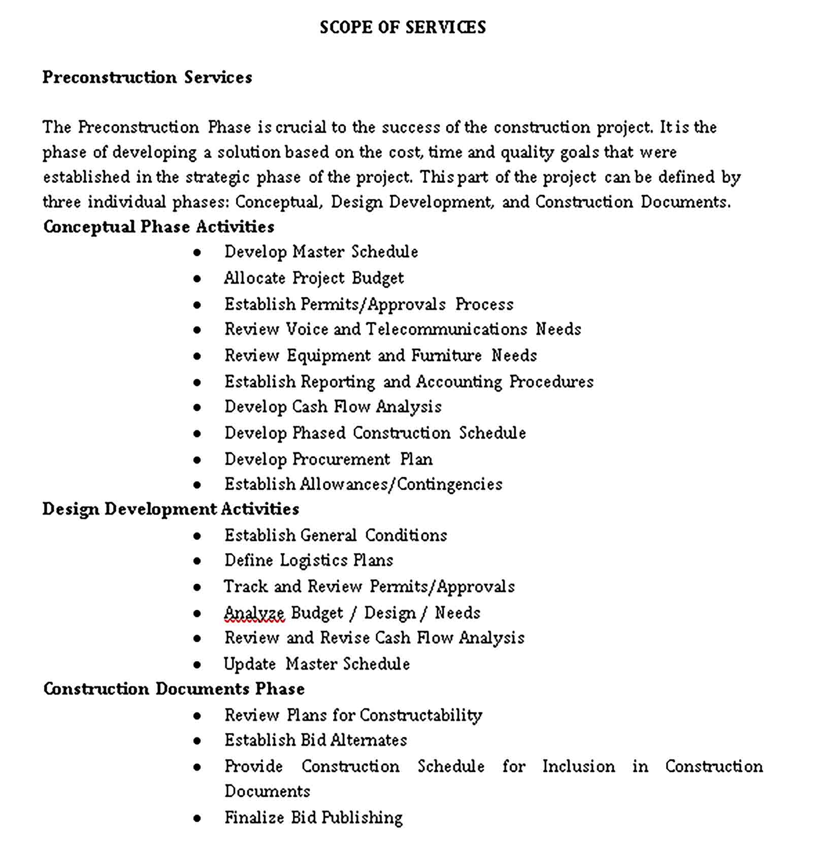 Templates SCOPE OF SERVICES Preconstruction Services Sample