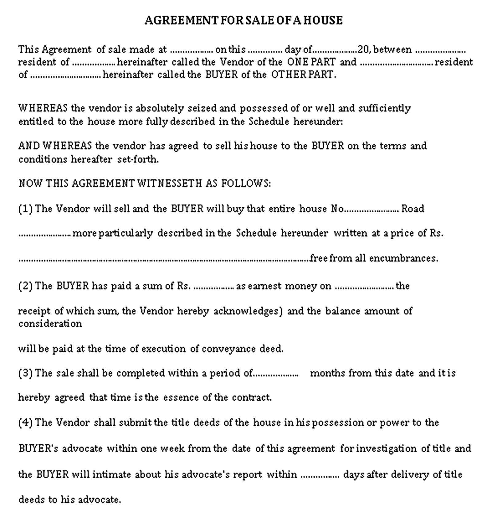 Templates Sale of House Agreement Sample