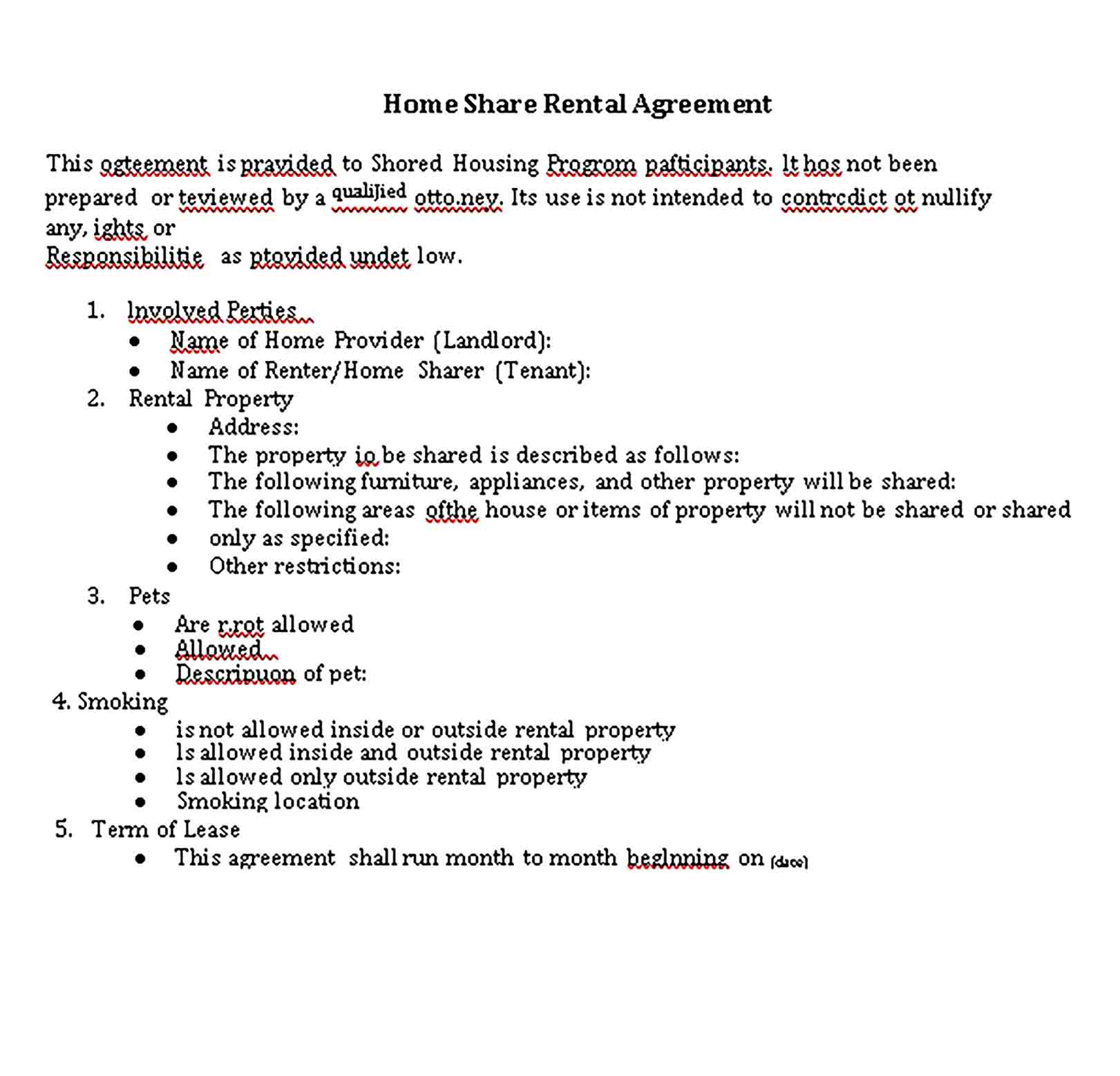 Templates Shared House Rental Agreement Sample