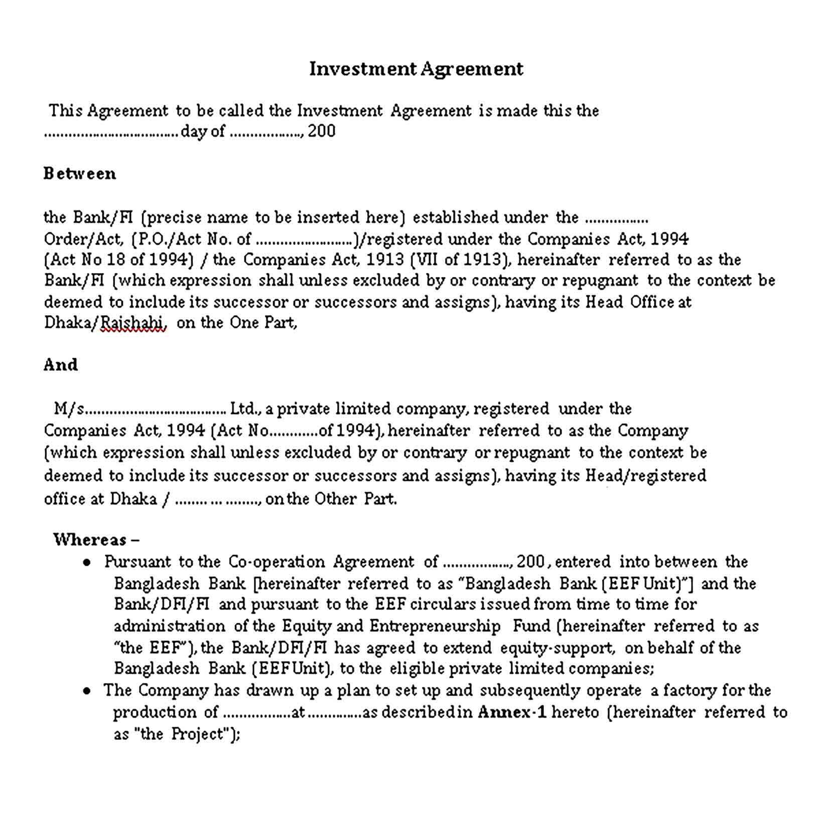 Templates Simple Personal Investment Agreement Sample