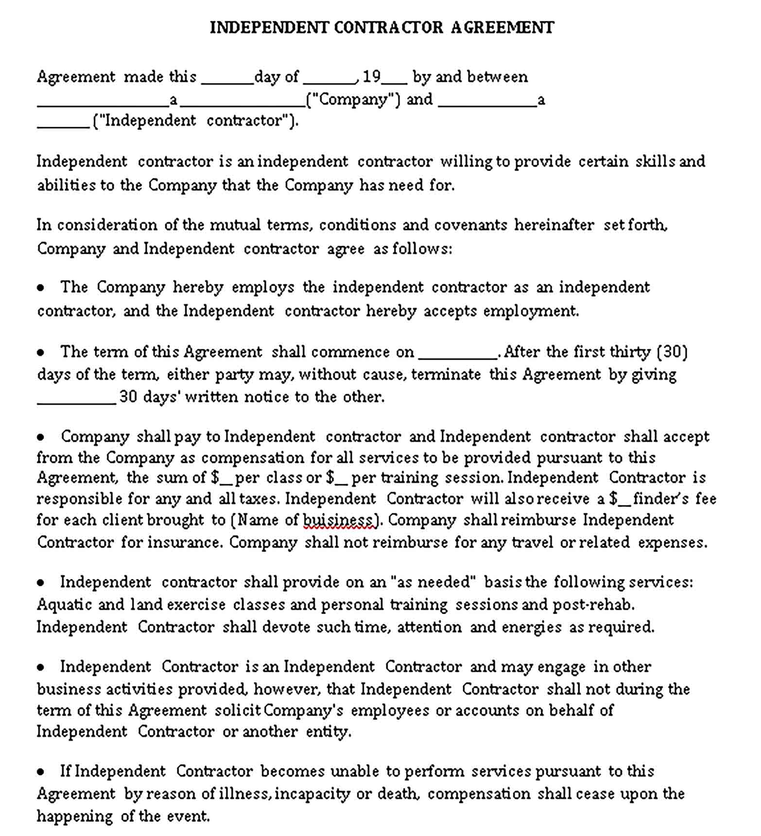 Templates Standard Independent Contractor Agreement Sample
