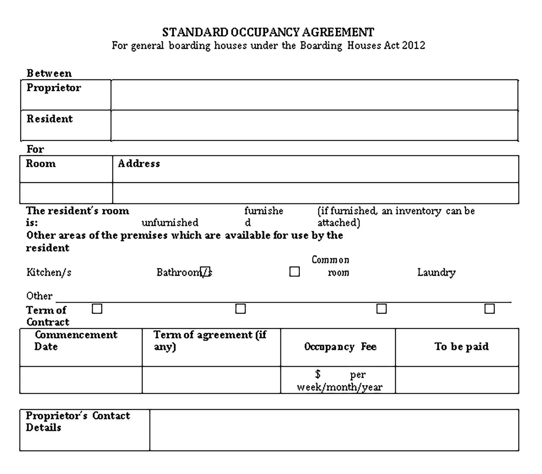 Templates Standard form occupancy agreement Sample