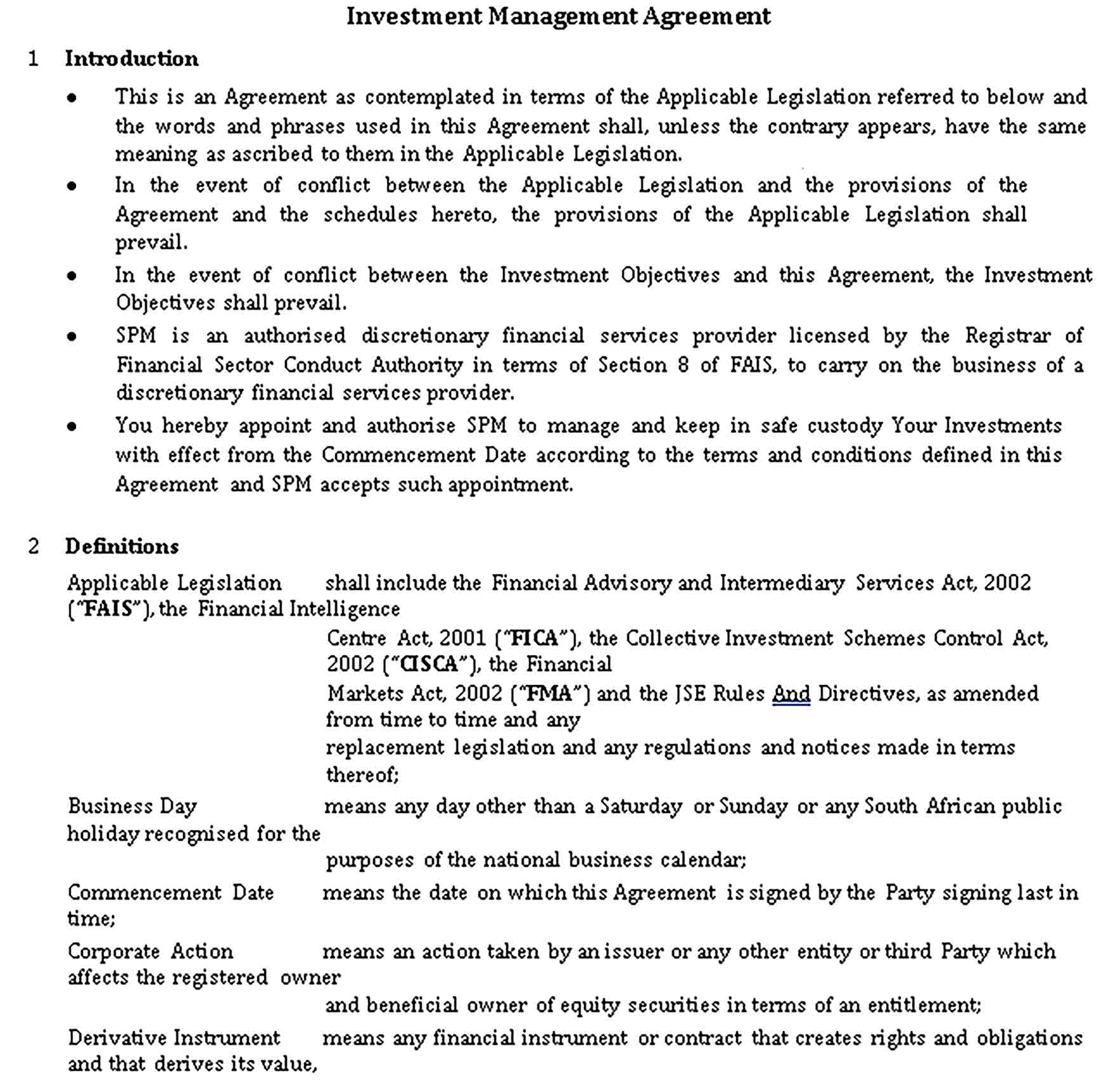Templates Stock Management Personal Investment Agreement Sample