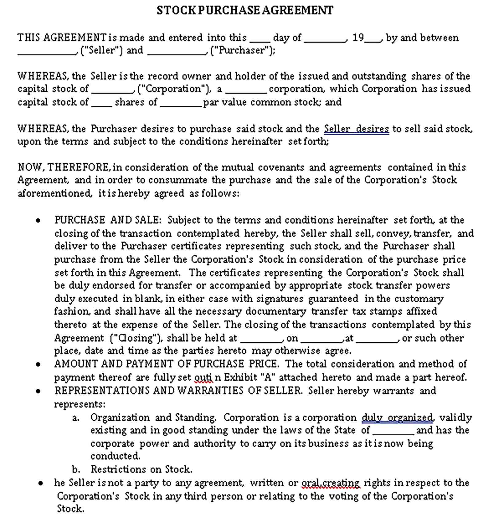 Templates Stock Purchase Agreement Sample