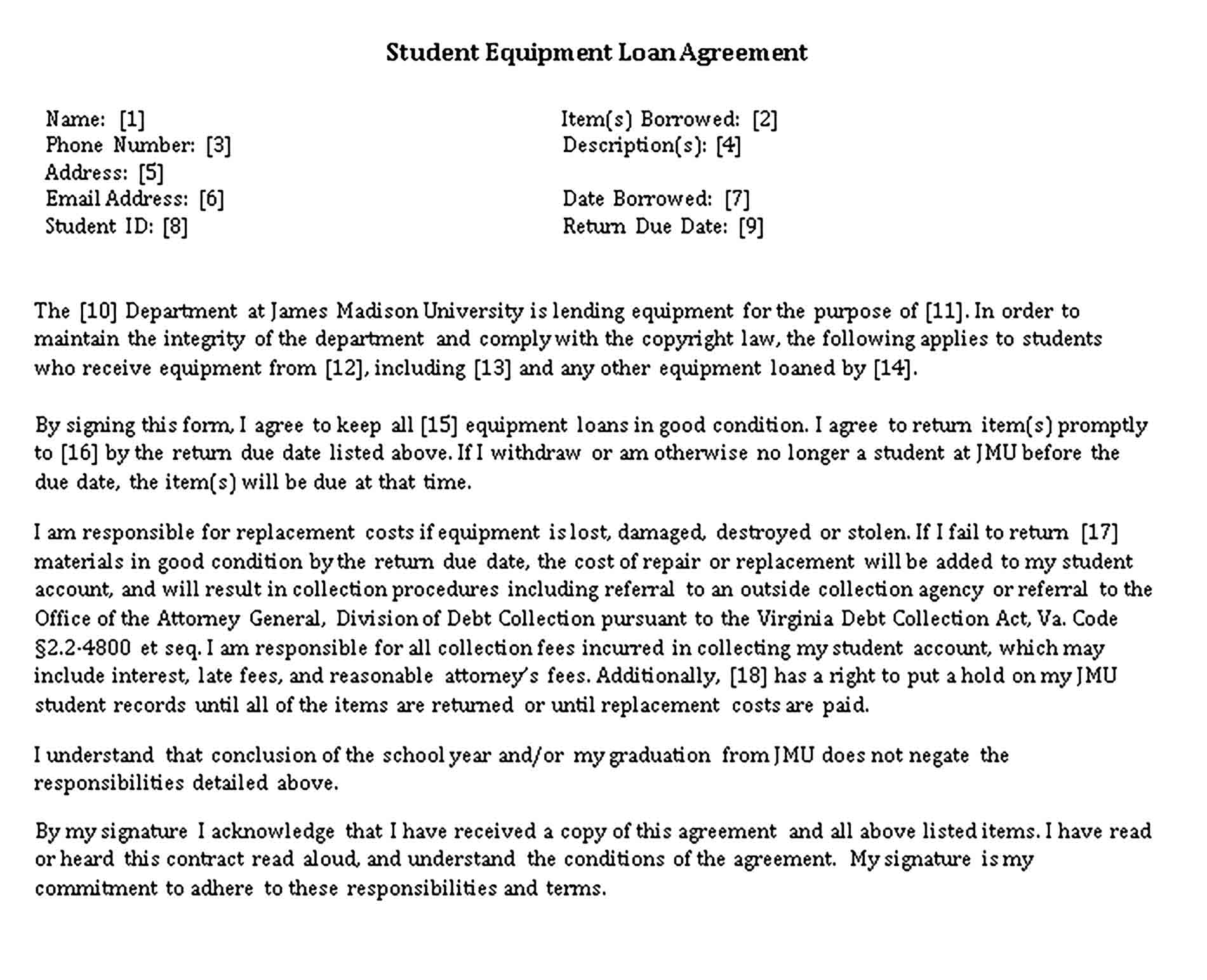 Templates Student Equipment Loan Agreement Sample